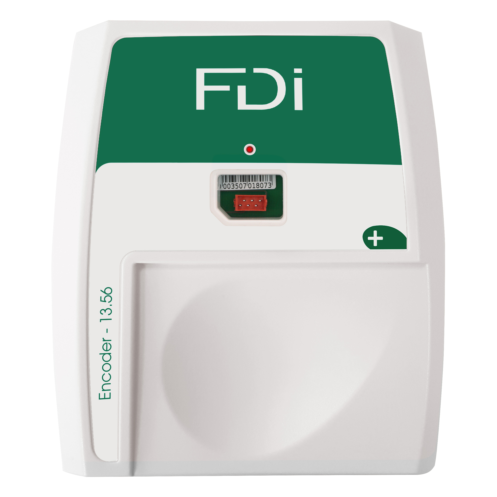 FDI Encoder 13.56 in Weiß-Grün zur Kodierung von Zutrittskarten, roter Status-LED und kompaktem Gehäuse.