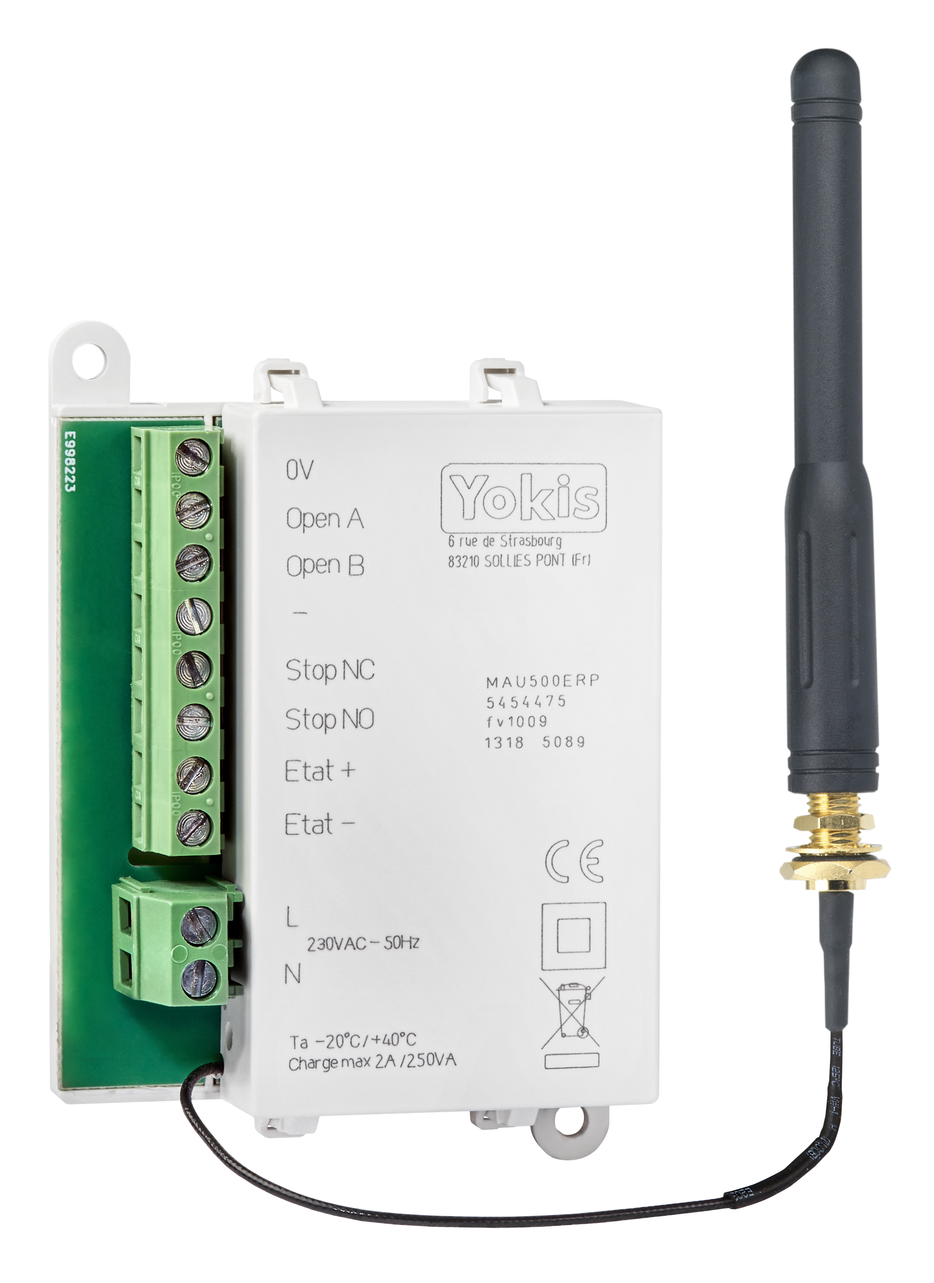 Weißes Torantriebsmodul mit grüner Schraubklemme, Anschlussplan, Antennenkabel und montierter Stabantenne.