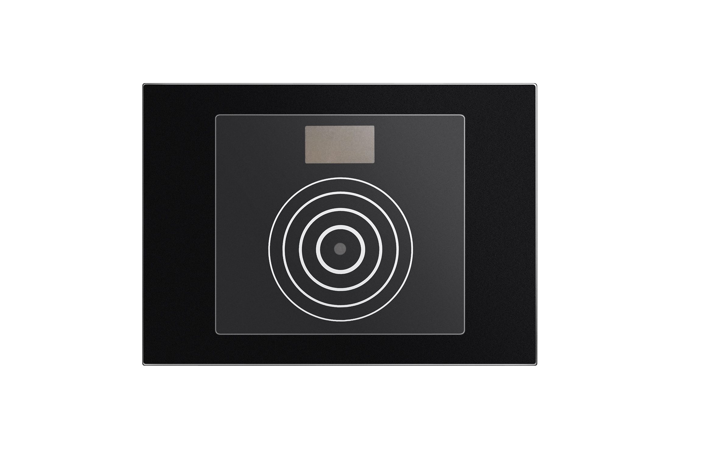 Schwarzes Zutrittsmodul mit quadratischer Front, zentralem RFID-Sensor mit konzentrischen Kreisen und kleinem Display oben.