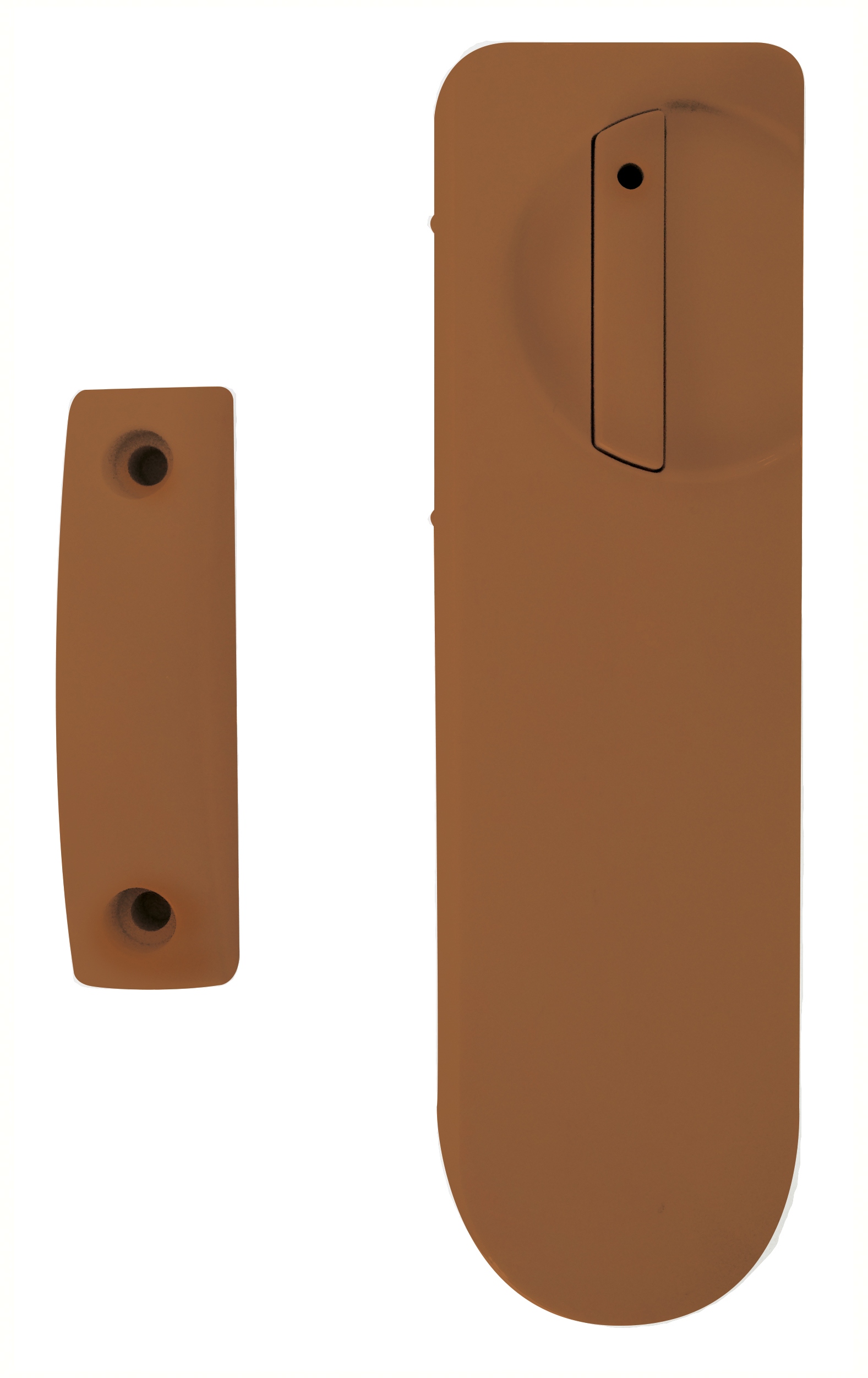 Brauner Funk-Magnetkontakt mit schmalem Sendergehäuse und passivem Magnetteil