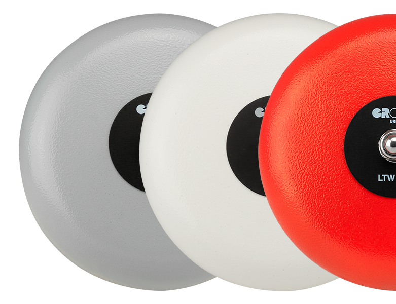 Drei Großläutewerke in den Farben Grau, Weiß und Rot hintereinander versetzt