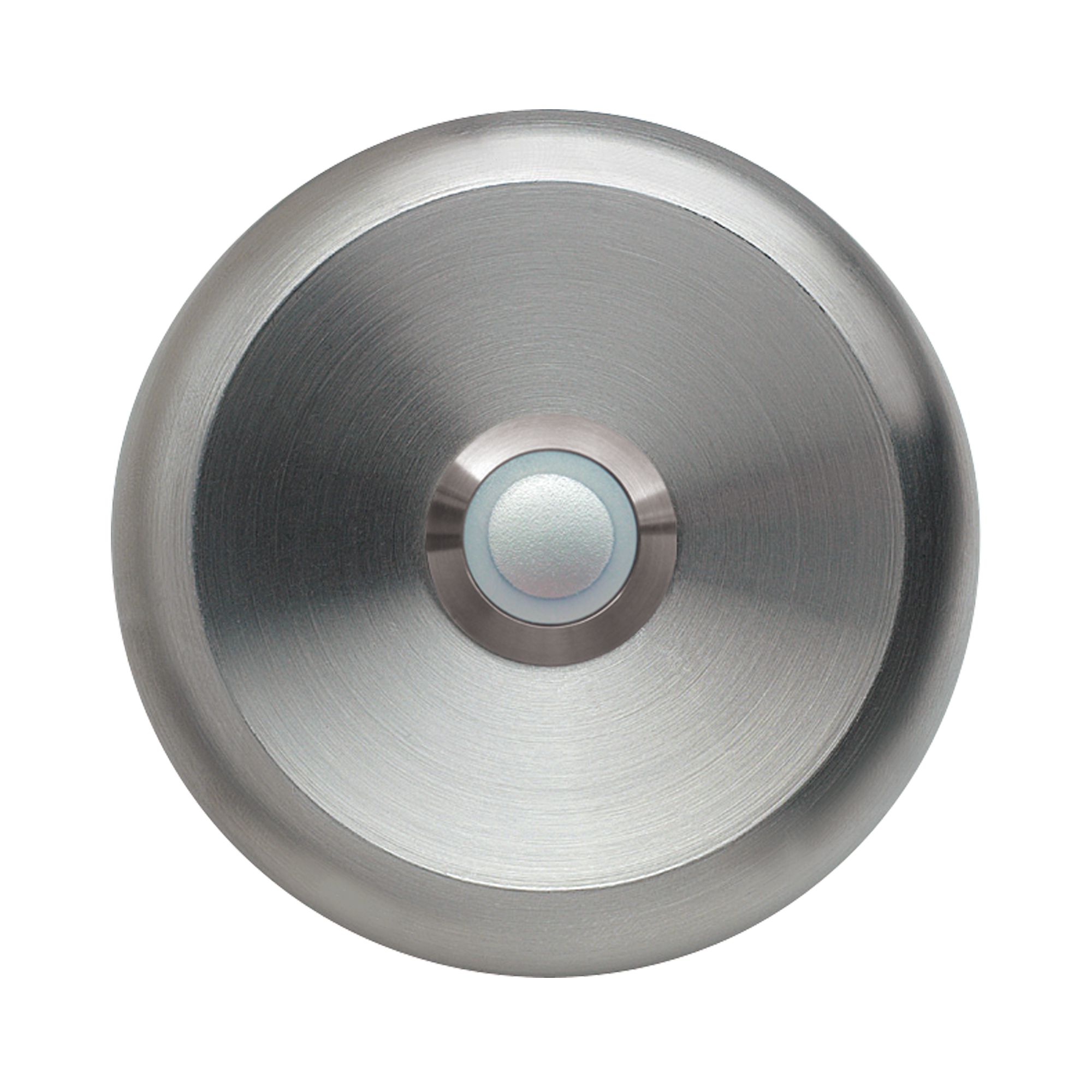Runder Klingeltaster aus Edelstahl mit zentralem Druckknopf und weiß beleuchtetem LED-Ring, frontal aufgenommen.