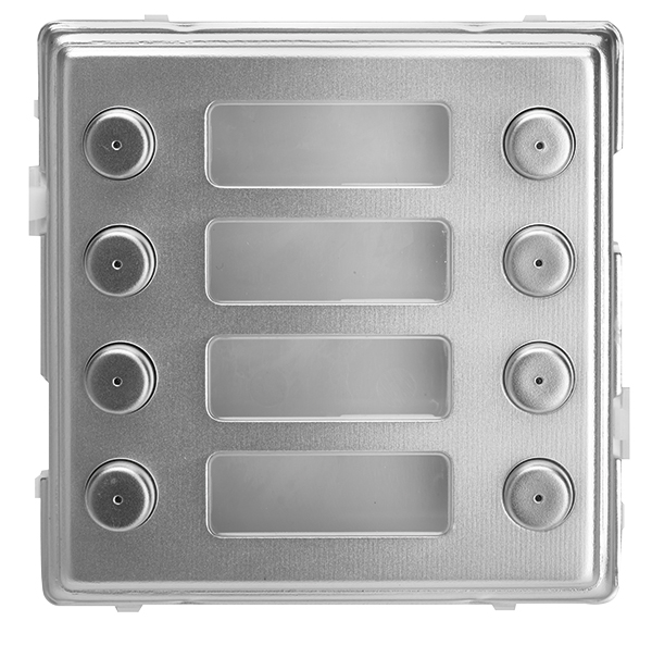 Quadratische silberne Türlautsprecher-Abdeckung mit vier Namensschildfeldern und acht runden Klingeltastern.