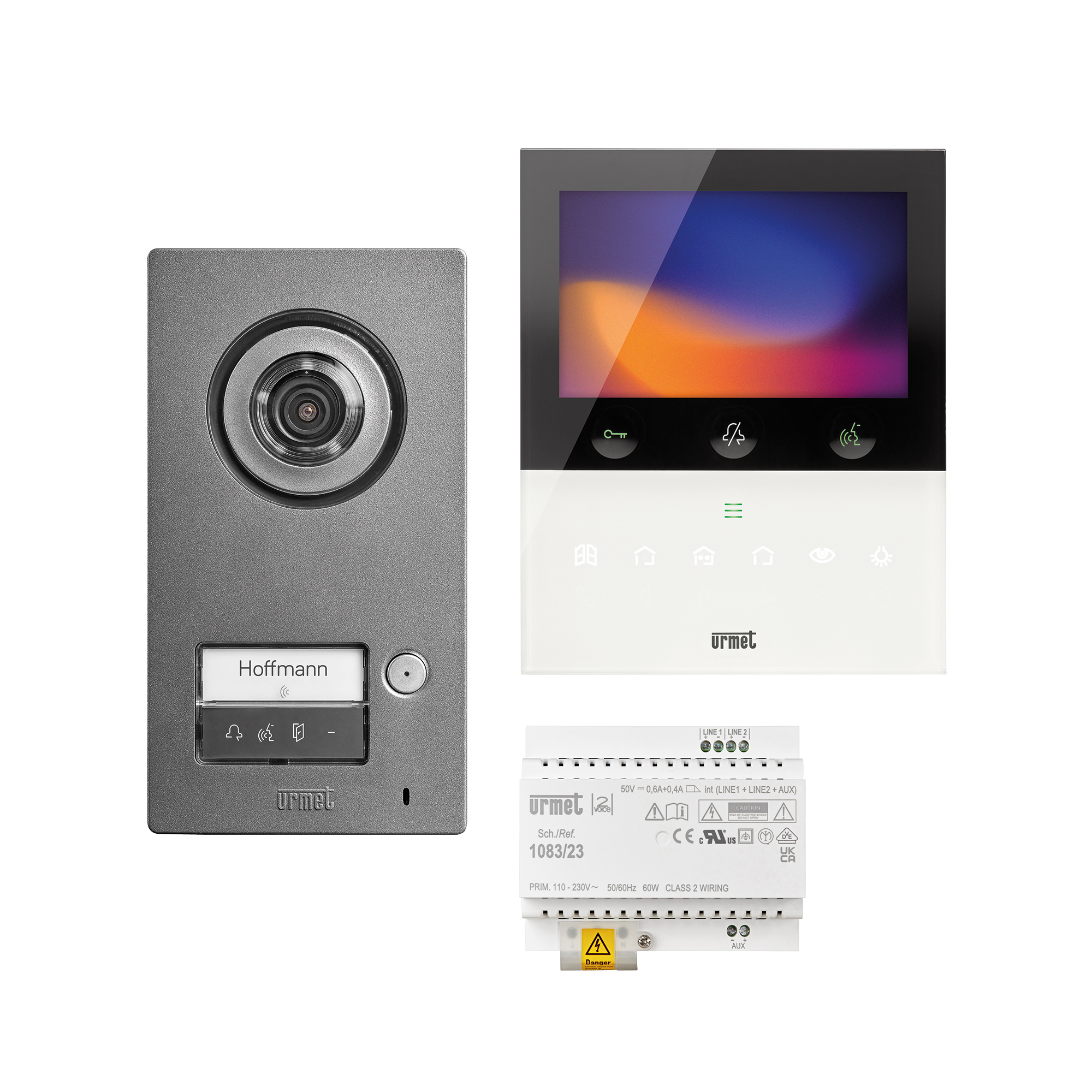 Sprechanlagen-Set als Darstellung in Einzelkomponenten. Türstation MIKRA, Monitor VoG5-W und Hutschienen-Netzgerät.