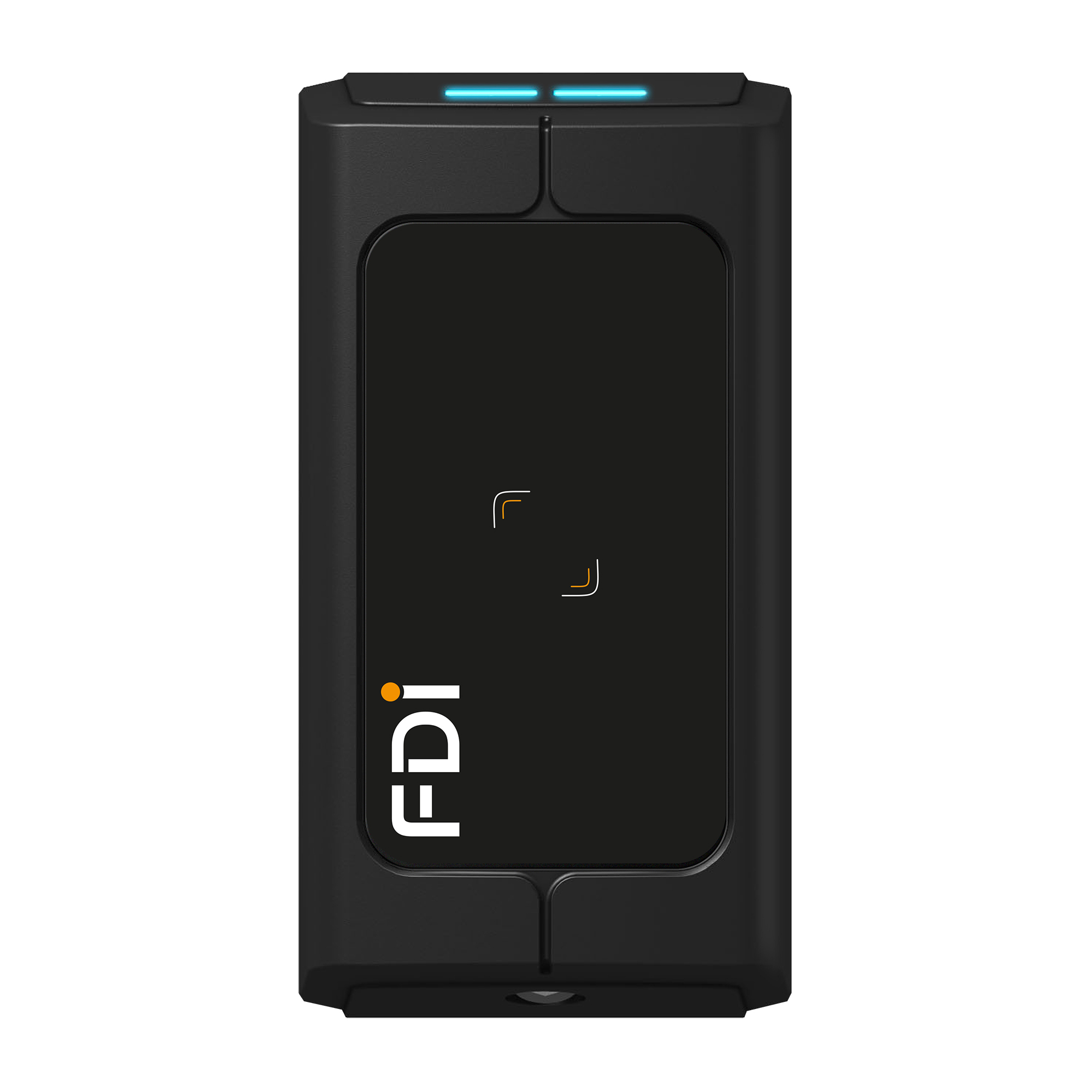 Schwarzes rechteckiges Lesegerät mit FDI-Logo, mittigem RFID-Symbol und blauer LED-Anzeige am oberen Rand.