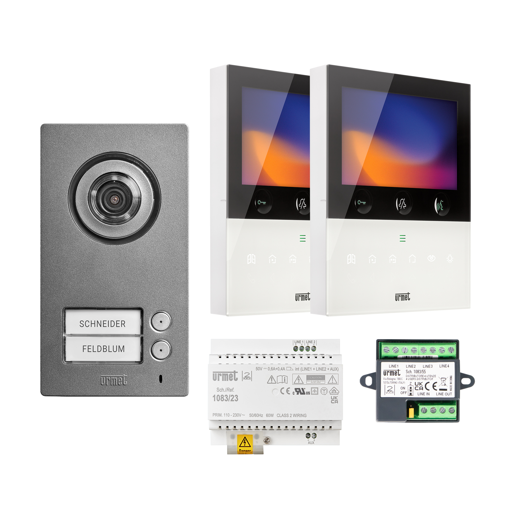 Video-Sprechanlagen-Set mit Türstation, zwei Monitoren, Netzteil und Steuergerät, Kamera und beleuchteten Klingeltasten.