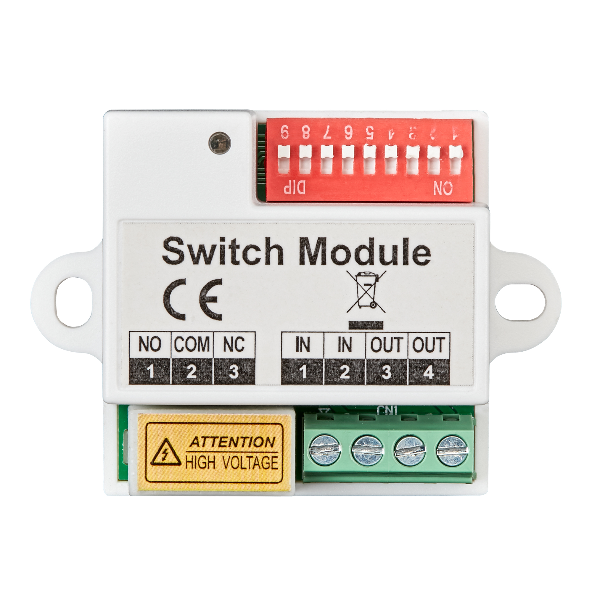Weißes Switch-Modul mit DIP-Schalter, Anschlussklemmen und Warnaufkleber „High Voltage“, Ansicht schräg rechts.