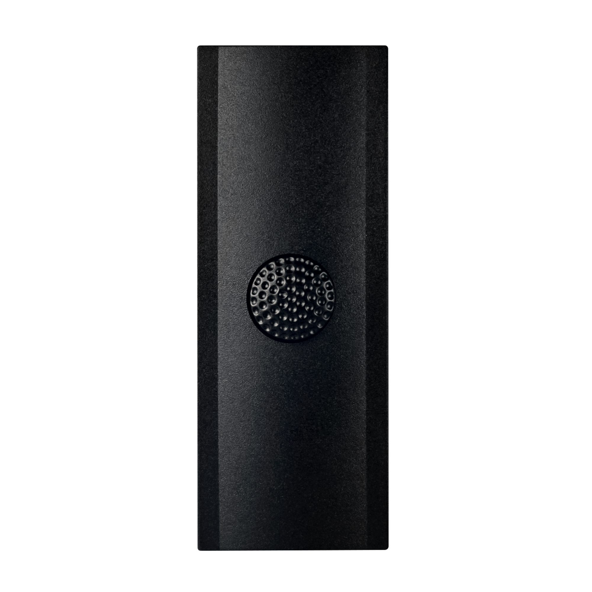 Rechteckiger, schwarzer Klingeltaster mit gewölbtem Gehäuse und runder, genoppter Taste in der Mitte, schräge Draufsicht.