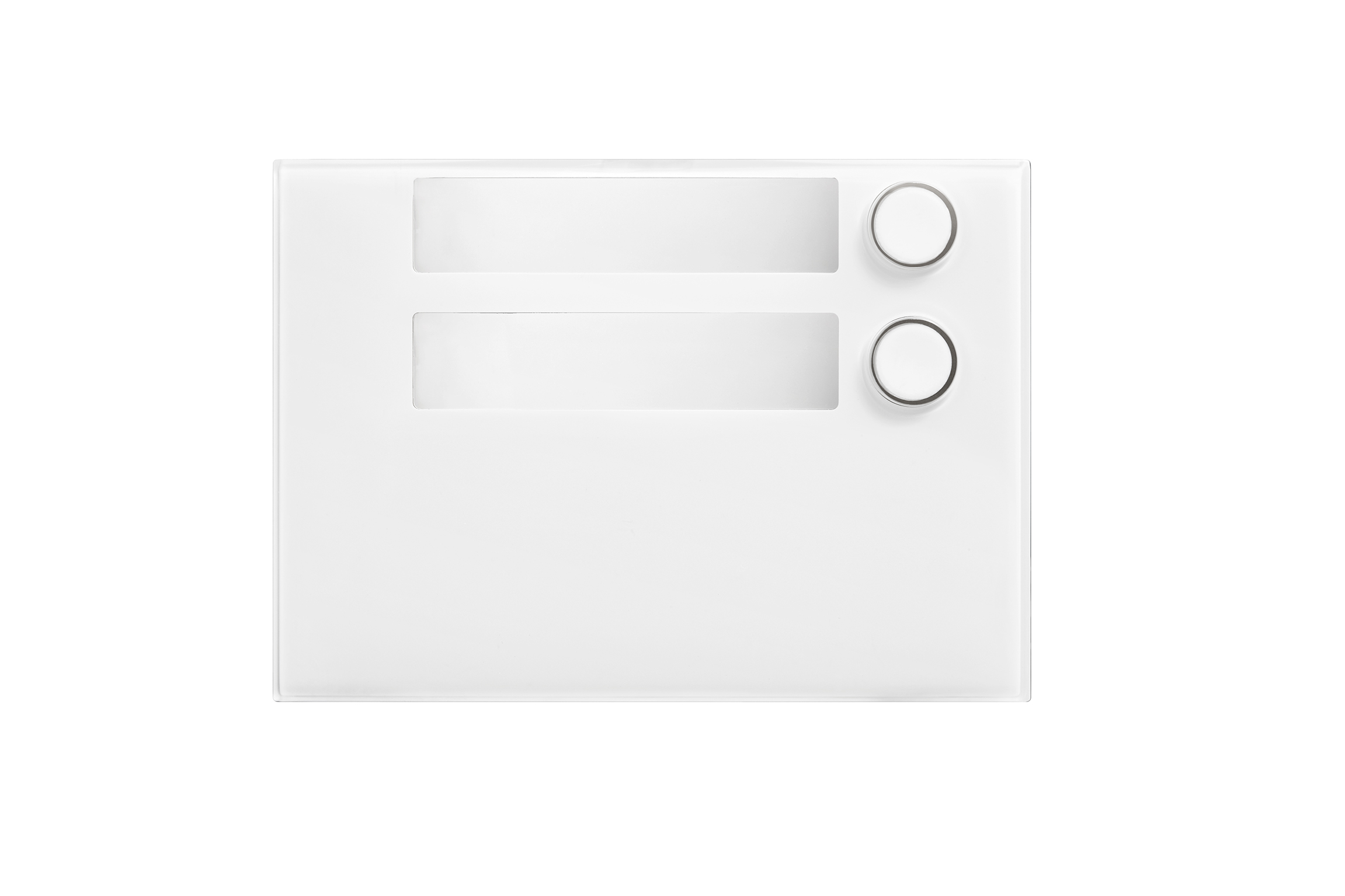 Weißes Namensschild-Modul mit zwei Namensfeldern und zwei runden Klingeltastern rechts.