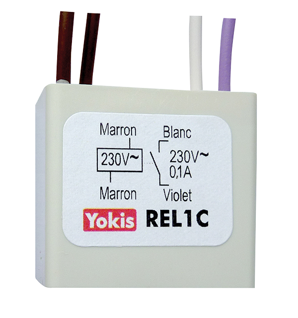 Kompaktes 230V-Relais mit vier Anschlussleitungen in Braun, Weiß und Violett, beschriftet mit Schaltbild und Typ REL1C.
