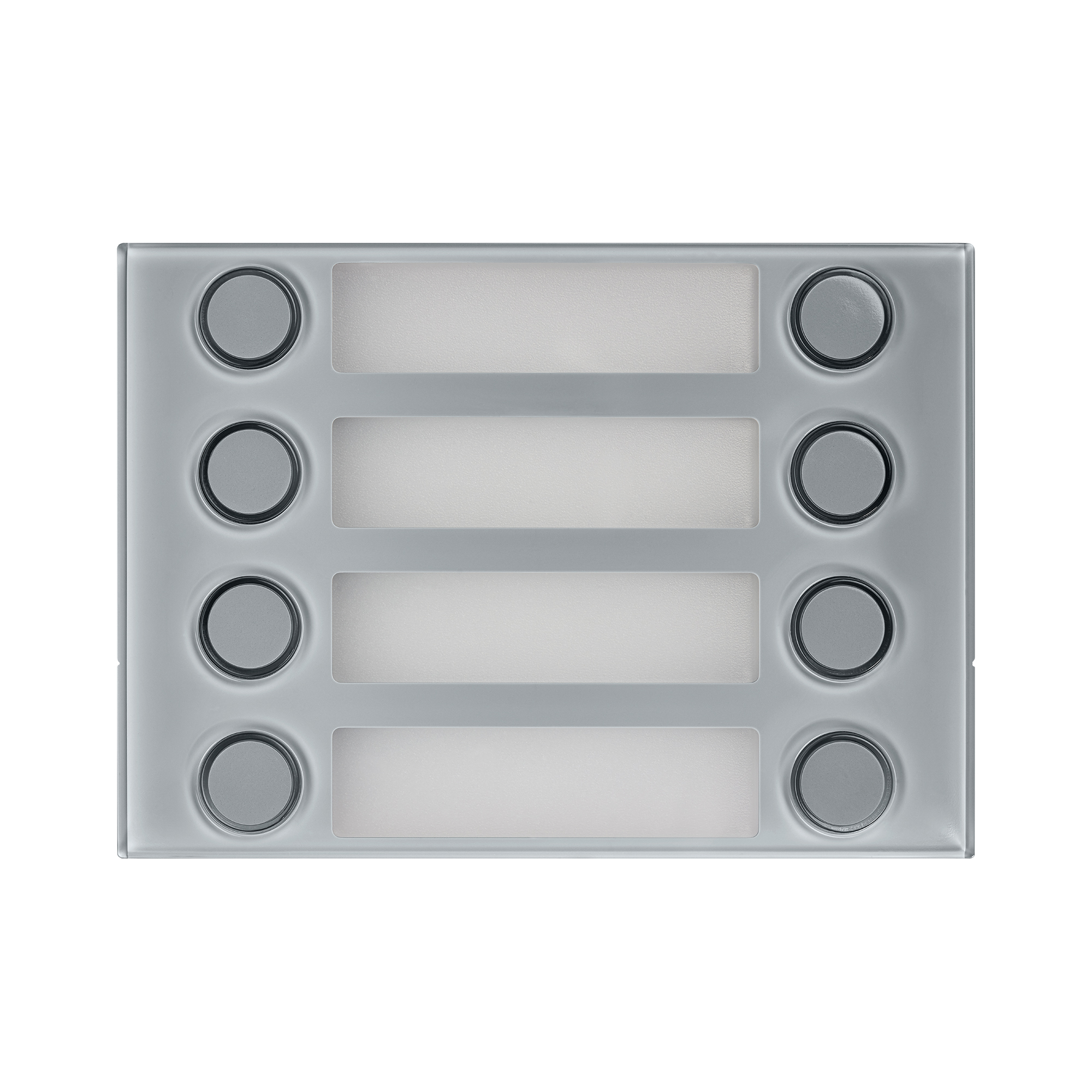 Modul mit vier Namensschildern und acht runden Klingeltastern im grauen Gehäuse, passend für modulare Türstationen