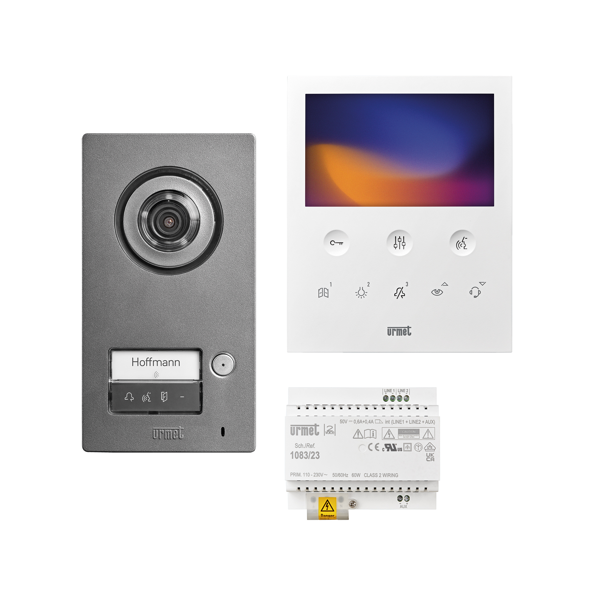 Video-Sprechanlagen-Set mit grauer Türstation, weißem Videomonitor mit Farbbildschirm und passendem Netzgerät.