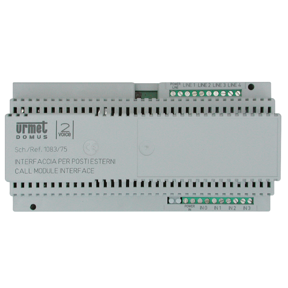 Graue Urmet Türstations-Schnittstelle 1083/50 für Hutschiene mit Lüftungsschlitzen, DIP-Schalter und grünen Schraubklemmen.