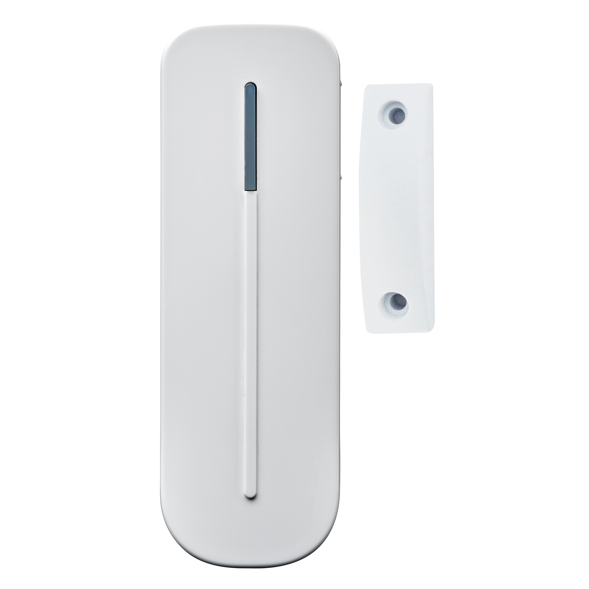 Weißer Funk-Magnetkontakt mit schmalem Sendergehäuse und passivem Magnetteil und abgerudneten Ecken.