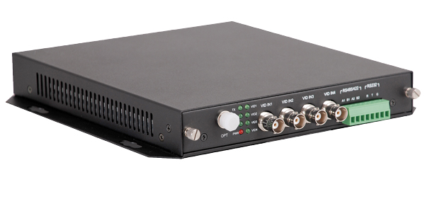 Schwarzes LWL-Übertragungsset mit mehreren BNC-, Faser- und Klemmenanschlüssen, LED-Anzeigen auf der Frontseite.