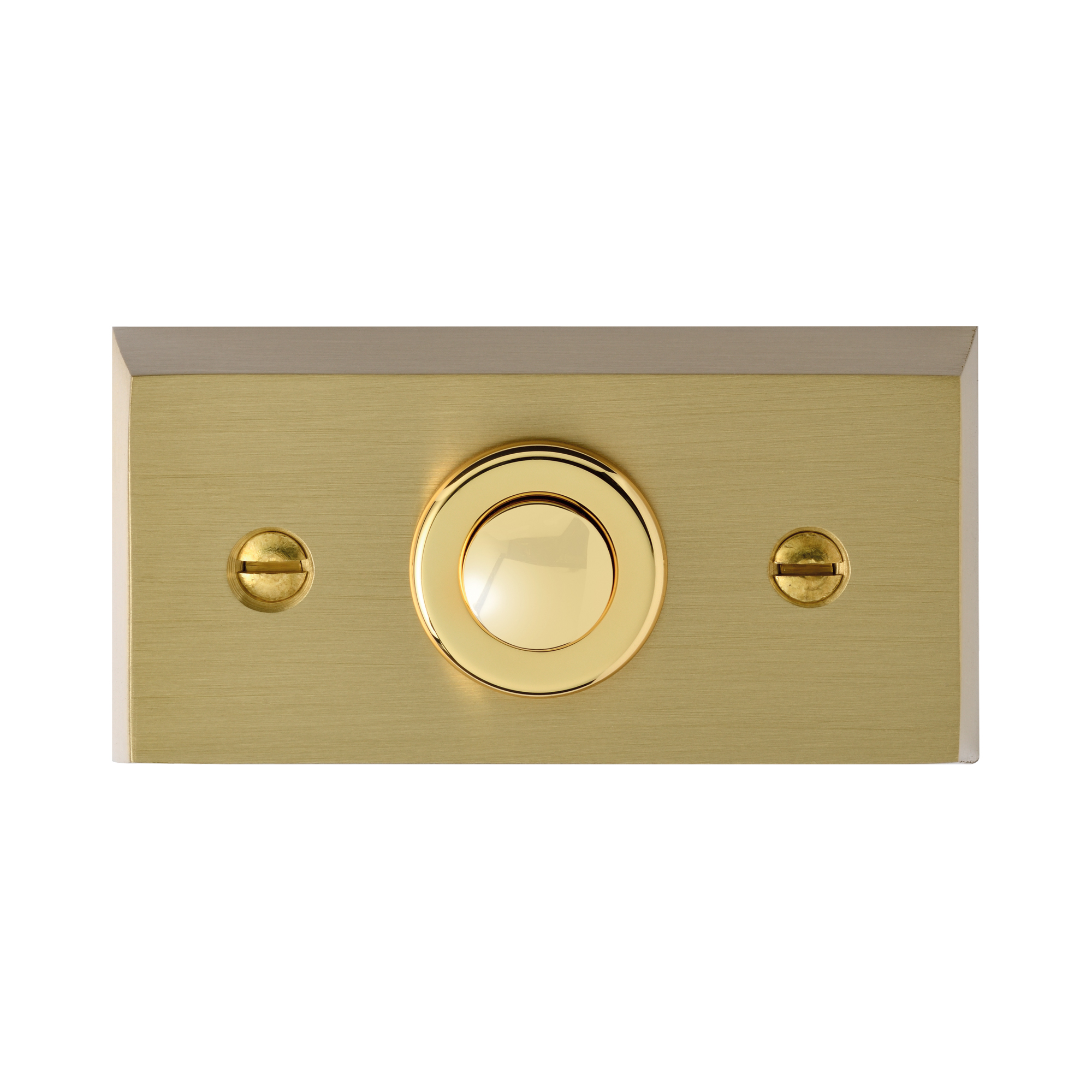 Rechteckiger Klingeltaster mit goldfarbener Oberfläche und rundem, glänzendem Taster, frontal aufgenommen.