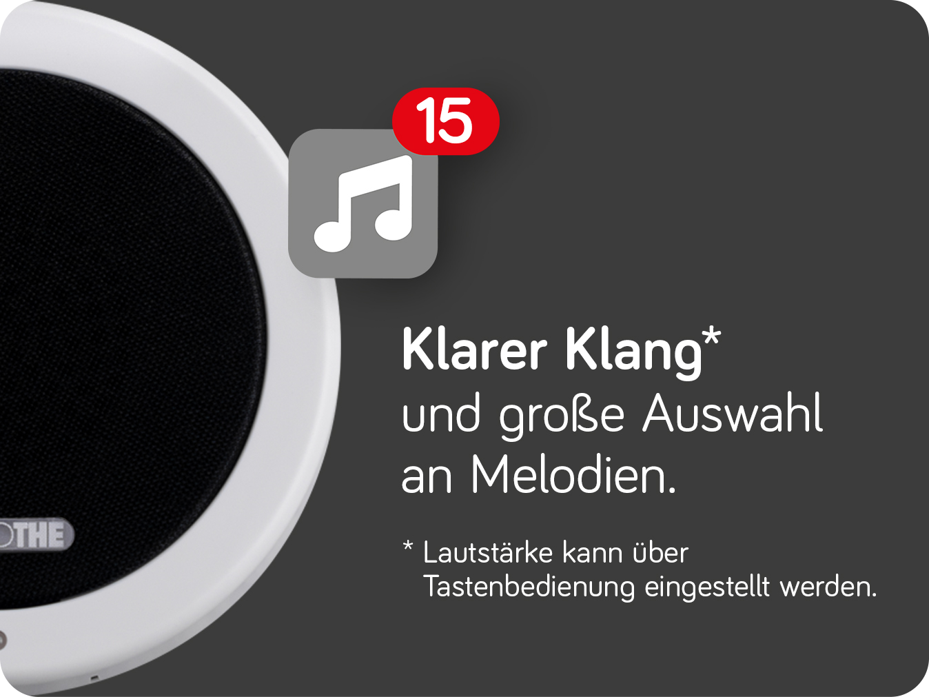 Links angeschnitten ist der CALIMA 100 zu sehen; daneben steht "Klarer Klang und große Auswahl an Melodien. Lautstärke kann über Tastenbedienung eingestellt werden."