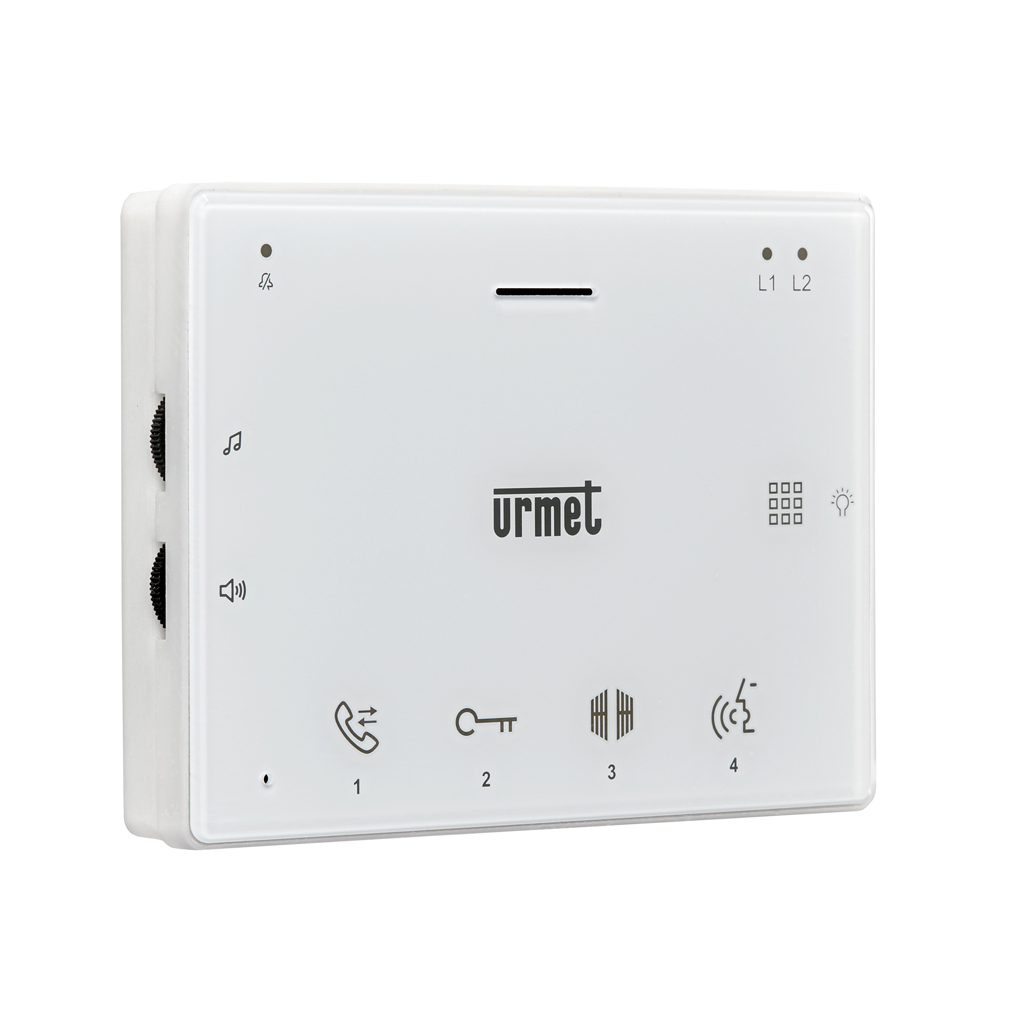 Weißes Freisprechtelefon mit LED-Anzeigen, Soft-Touch Tasten für Tür- / Toröffner, Gegensprechen, schräg links fotografiert.