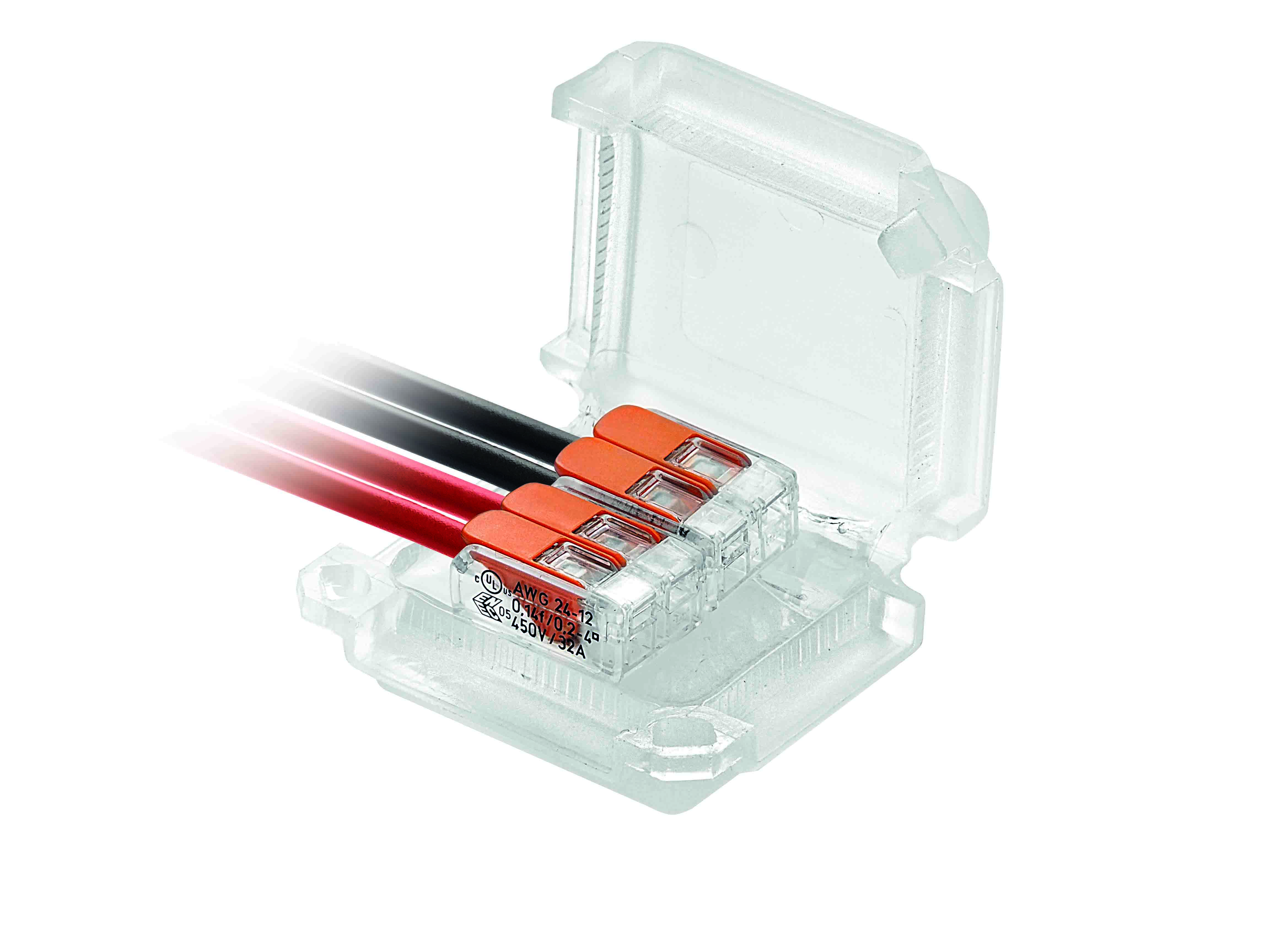 Transparente Mikro-Verbindungsmuffe, mit Gel gefüllt und halb geöffnet, in der ein Block mit 4 Verbindungsklemmen und Kabeln liegt.