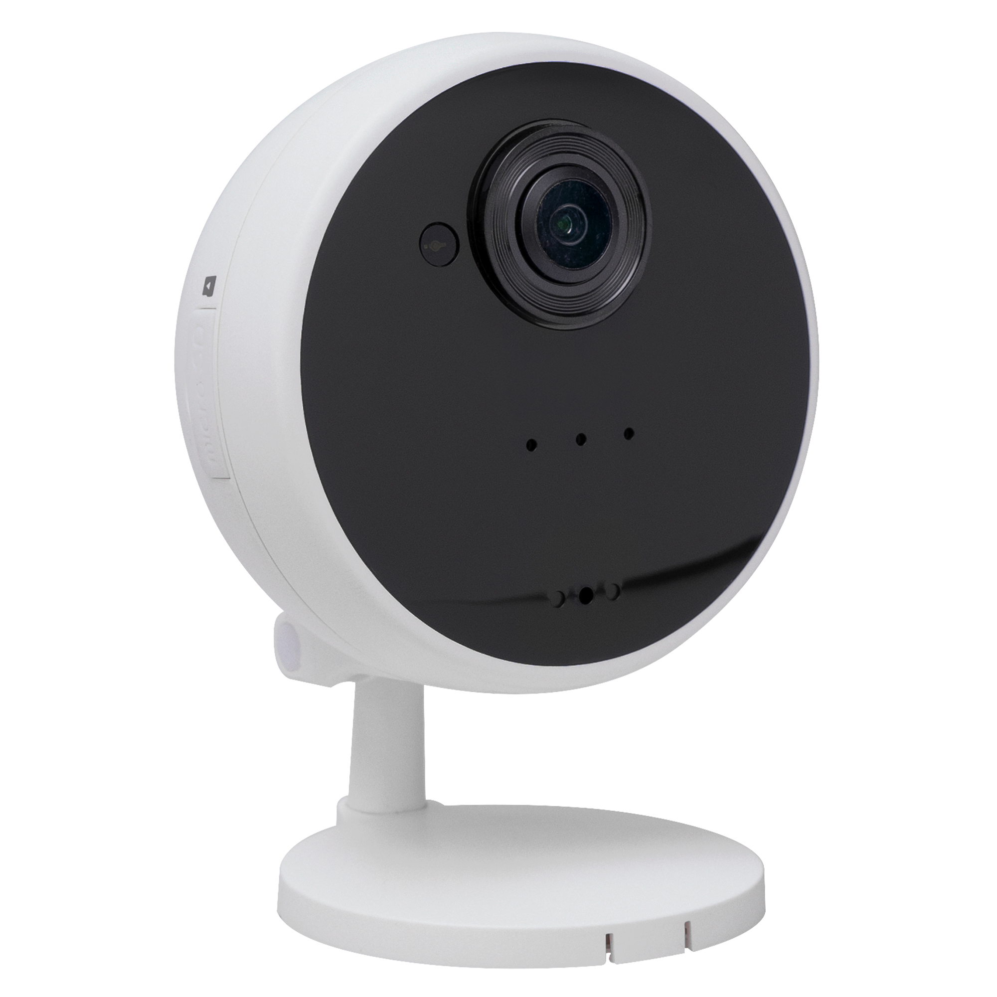 Runde Funk-Kamera im weißen Gehäuse mit schwarzer Front und weißem Ständer