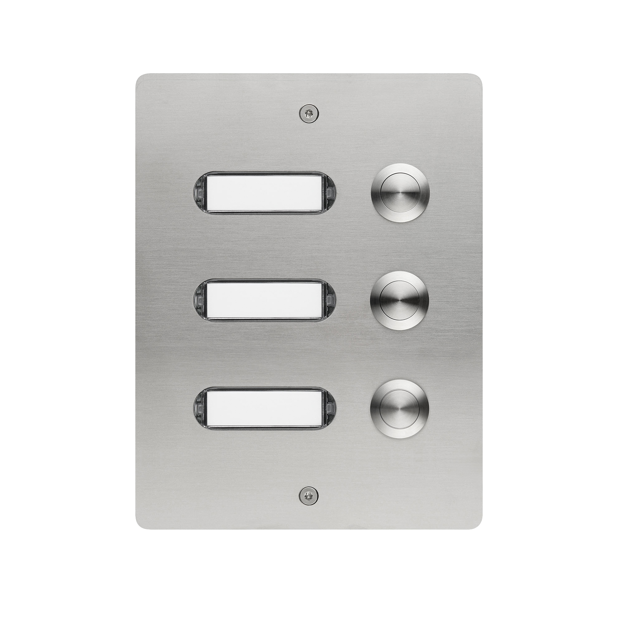 Edelstahlplatte mit drei Namensschildern links und drei runden Tastern rechts, symmetrisch angeordnet.