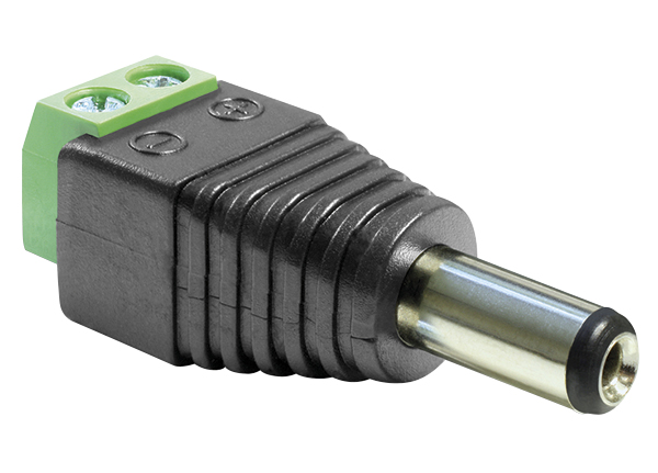 DC-Hohlstecker mit Schraubklemmenadapter, schwarze und grüne Kunststoffummantelung, silberne Kontaktfläche.