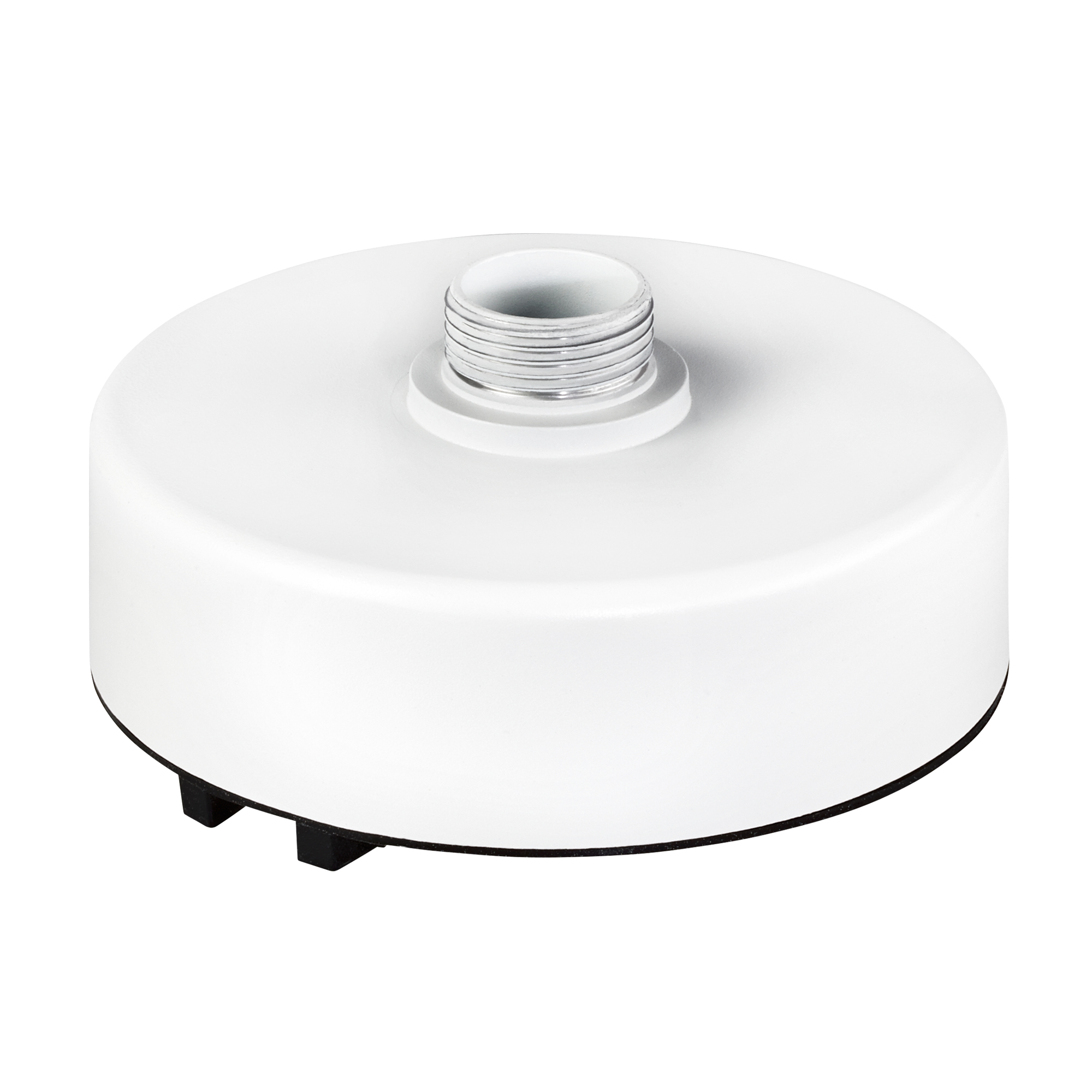Runde, weiße Verteilerdose mit mittigem Metallgewindeanschluss und schwarzer Unterseite