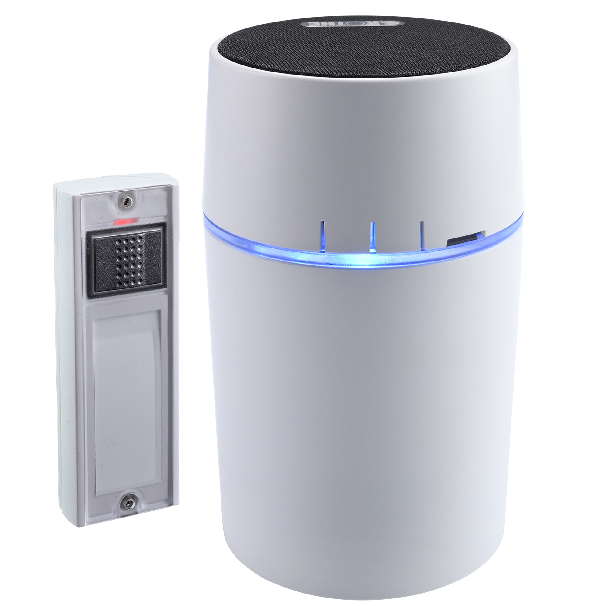 Weißes Funkgong-Set mit rundem Gong, schwarzer Oberseite, blauer LED-Leuchte und weißem Funk-Taster, schräg von vorn gezeigt.