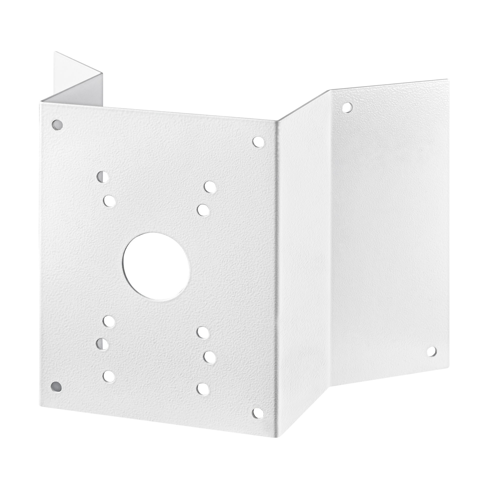 Weißer Eckadapter aus Metall mit mehreren Bohrungen und zentraler Öffnung, für Wandmontage geeignet