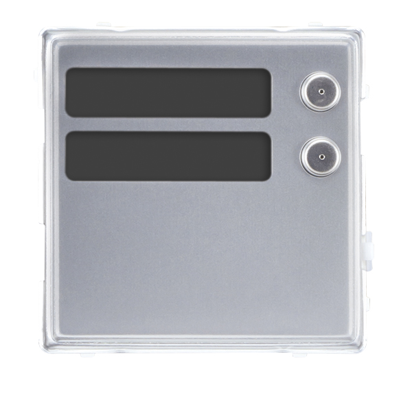 Quadratische silberne Türlautsprecher-Abdeckung, zwei schwarze Namensschildfelder oben und zwei runde Klingeltaster rechts.