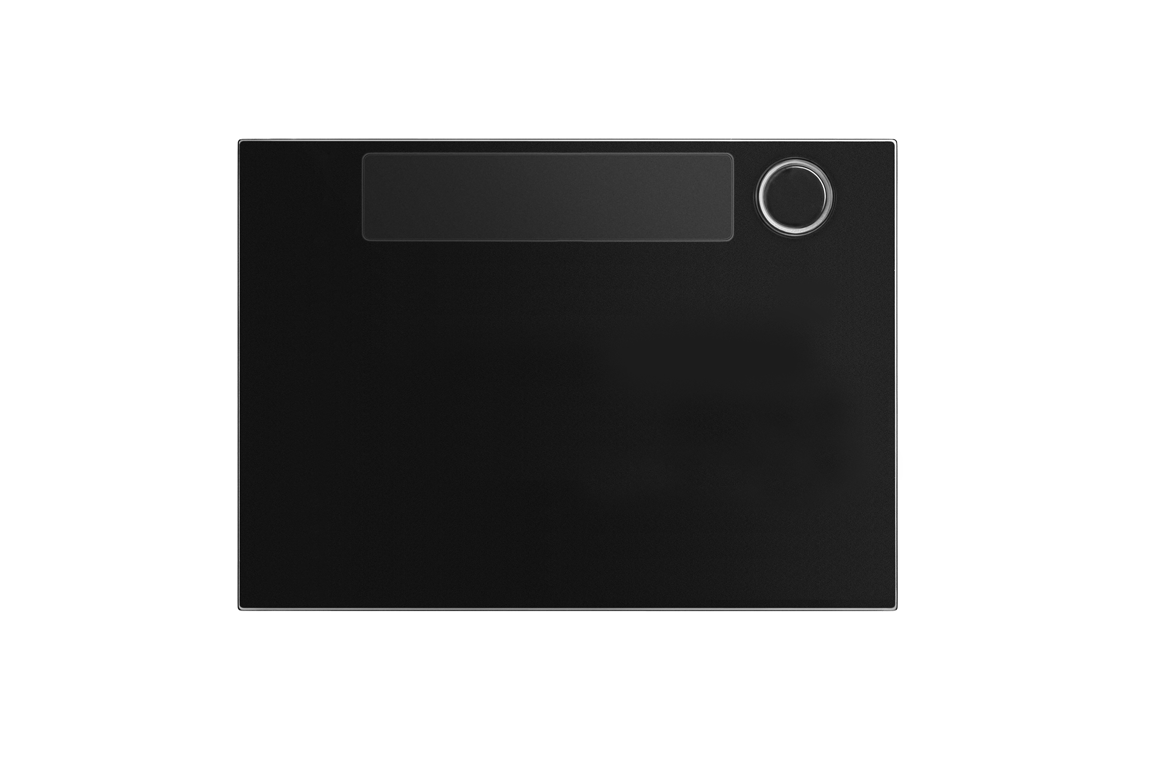 Schwarzes Namensschild-Modul mit rechteckigem Namensfeld und rundem Klingeltaster rechts.