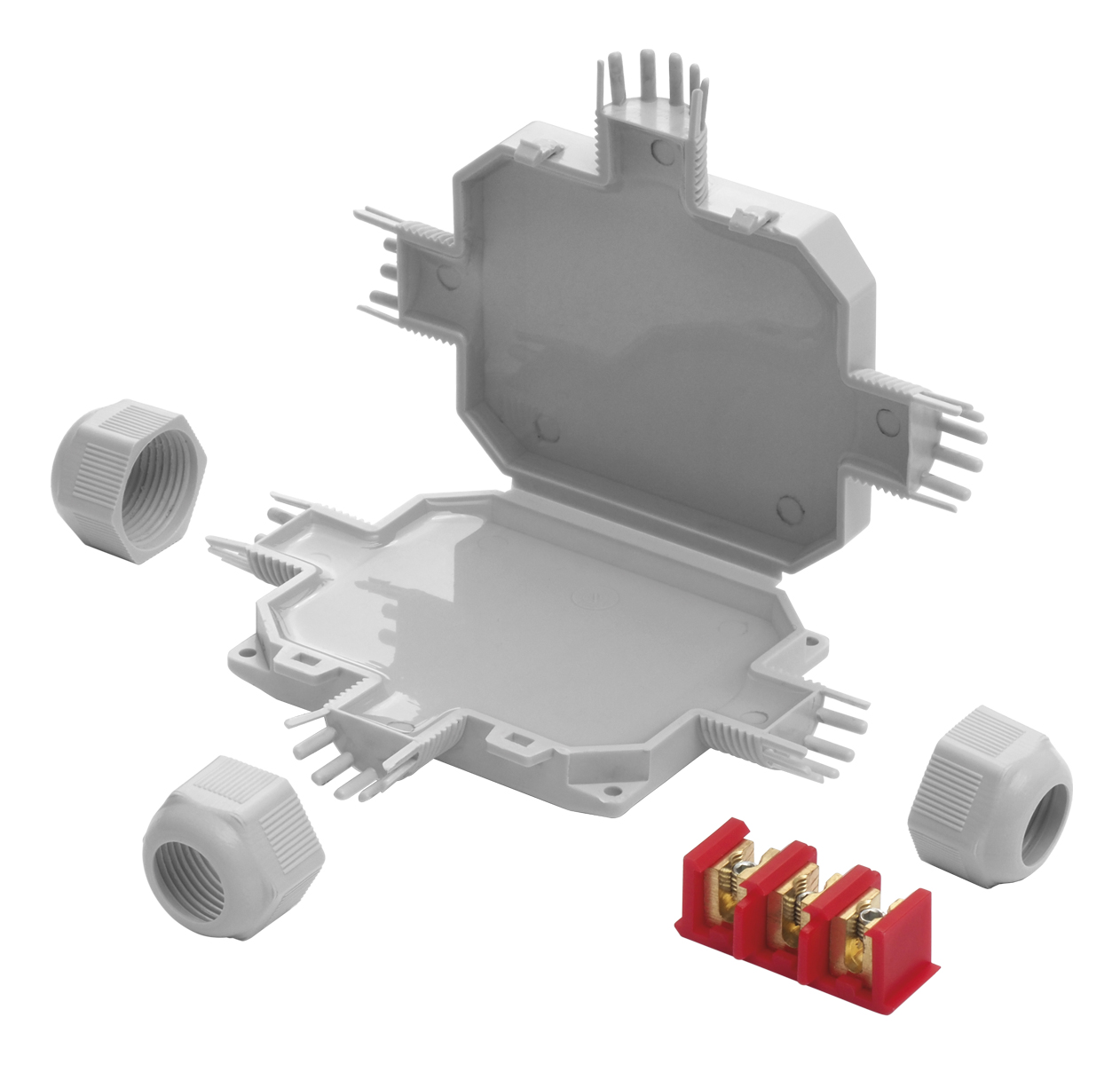 Graue Mikro-Verbindungsmuffe, halb geöffnet, mit Gel gefüllt. Daneben liegt eine Schraubklemme.