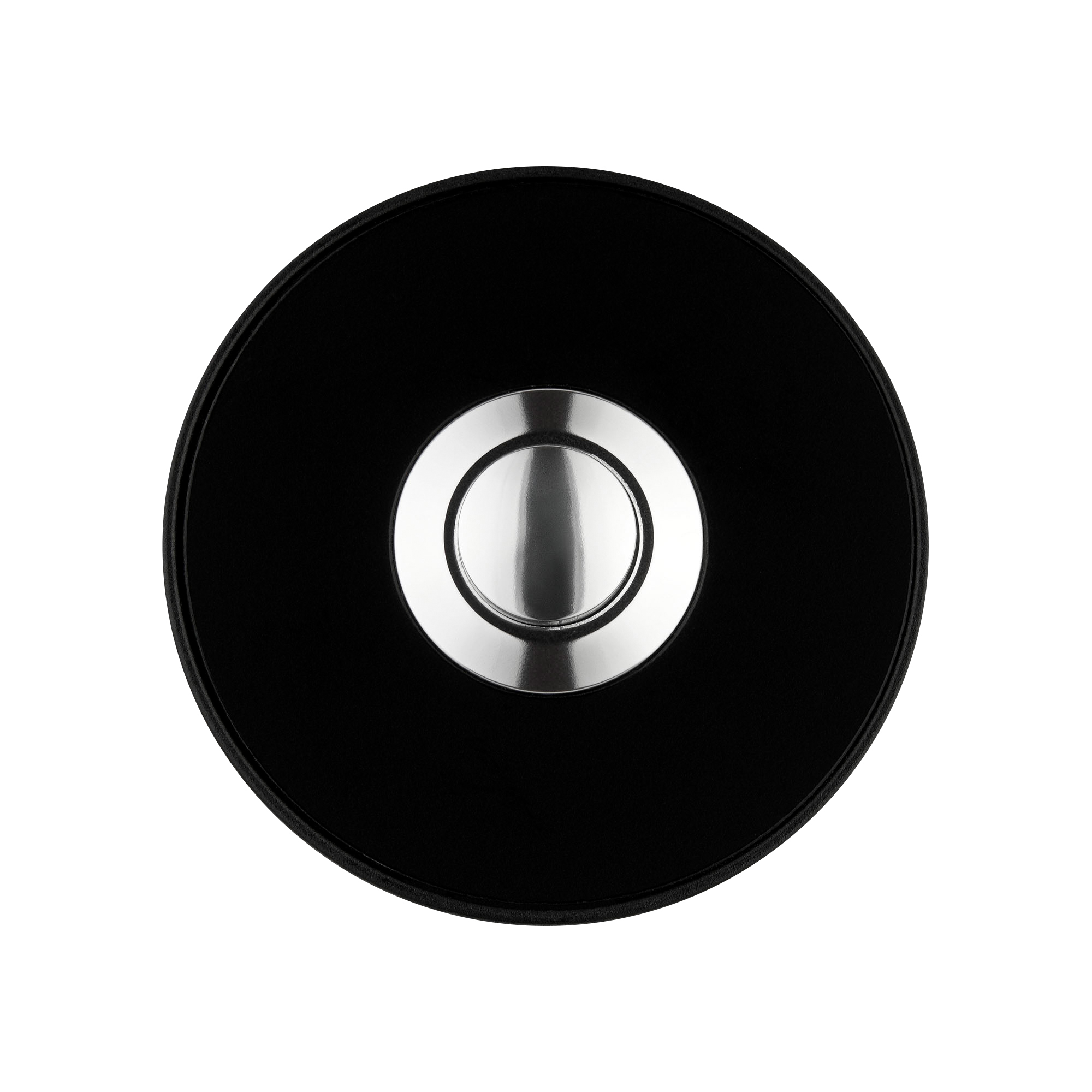 Runde Klingelplatte in Schwarz mit mittigem silbernem Drucktaster, schwarzer Rahmen, Frontansicht.