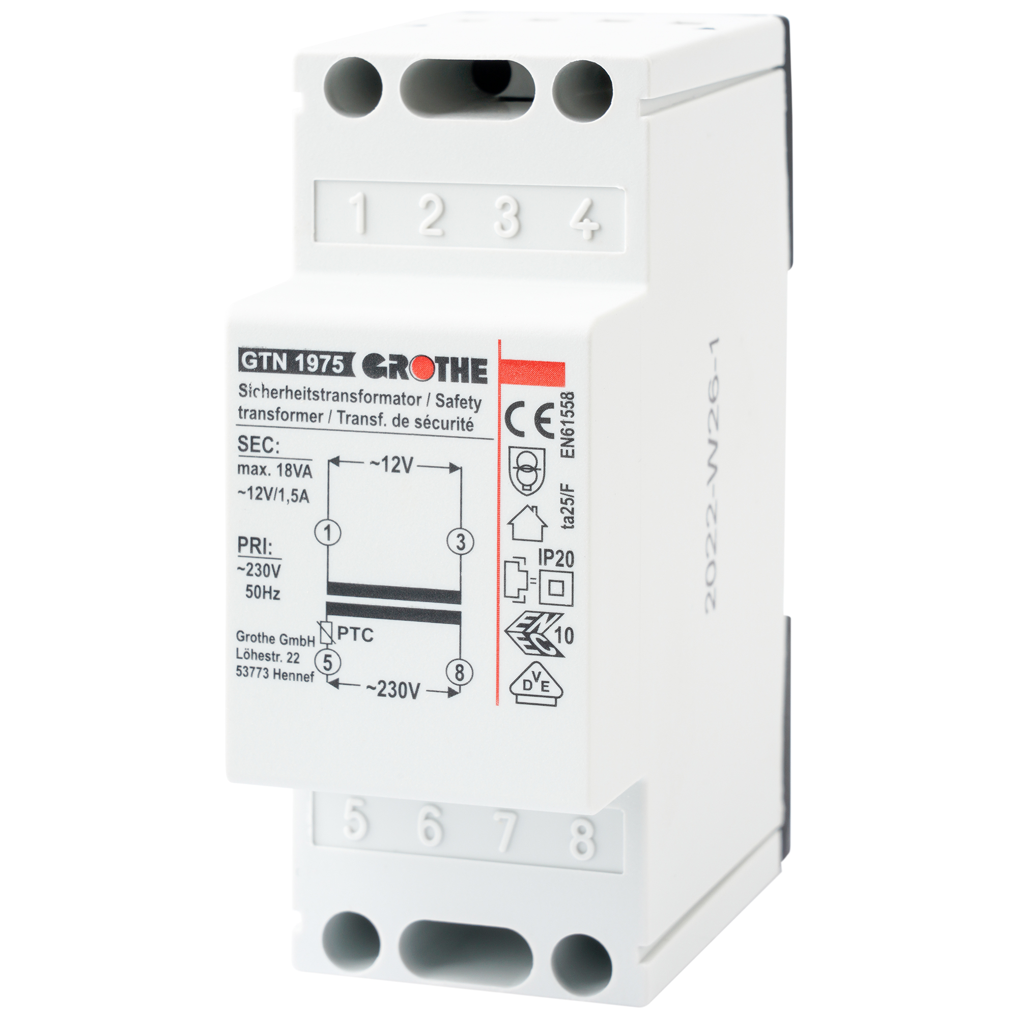 Sicherheitstransformator GTN 1975 von Grothe im Hutschienengehäuse mit Anschlussklemmen und Schaltbild in Schrägansicht