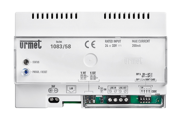 Weißes Urmet DIN-Schienenmodul mit Status-LED, Reset-Taste, Lüftungsschlitzen und unteren Anschlussklemmen.