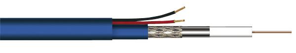 Querschnitt eines Koaxialkabels mit blauer Isolierung, Geflecht, Abschirmung und Innenleiter.