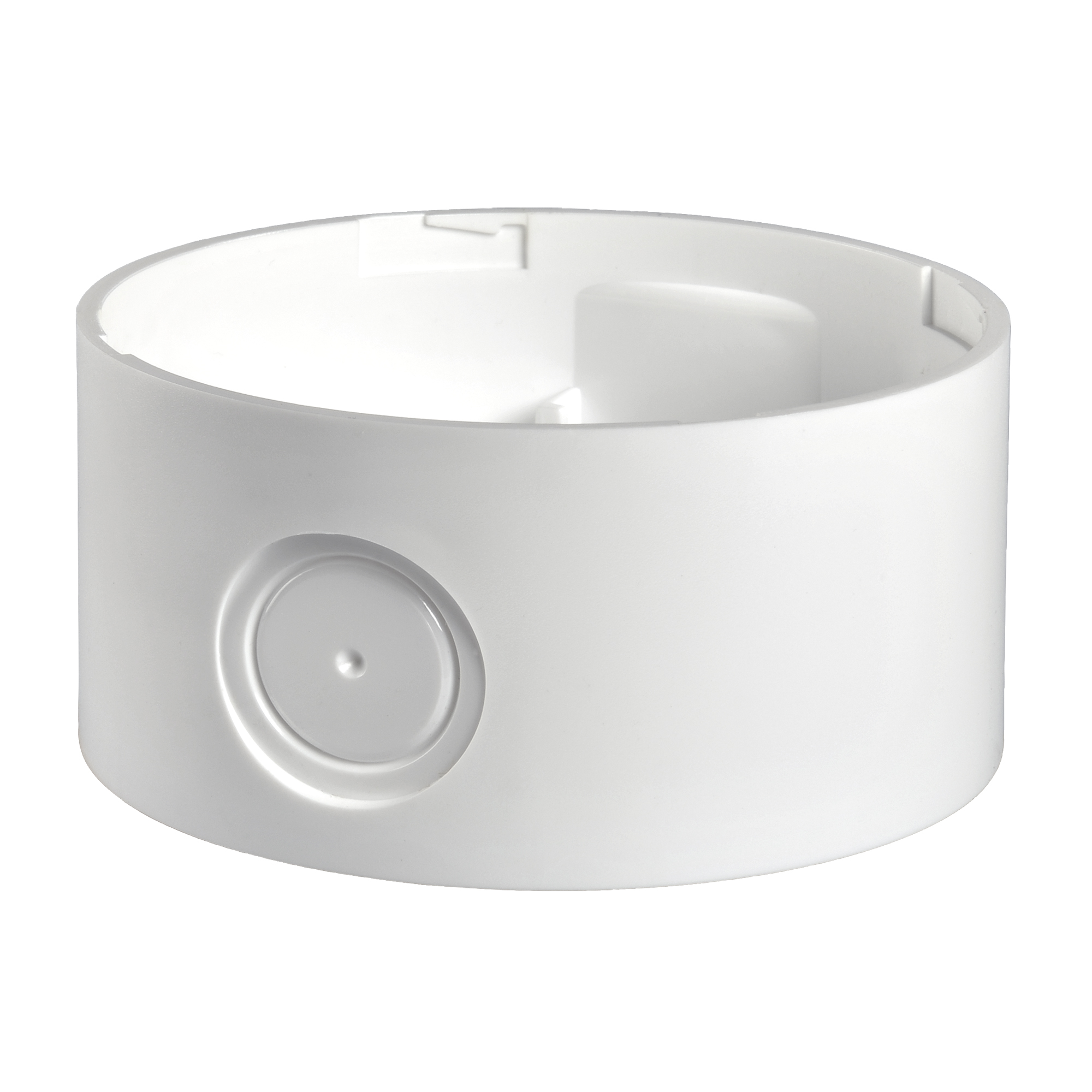 Weißes Basis-Modul in zylindrischer Form mit seitlicher Durchführung zur Aufnahme von Aufsatzkomponenten