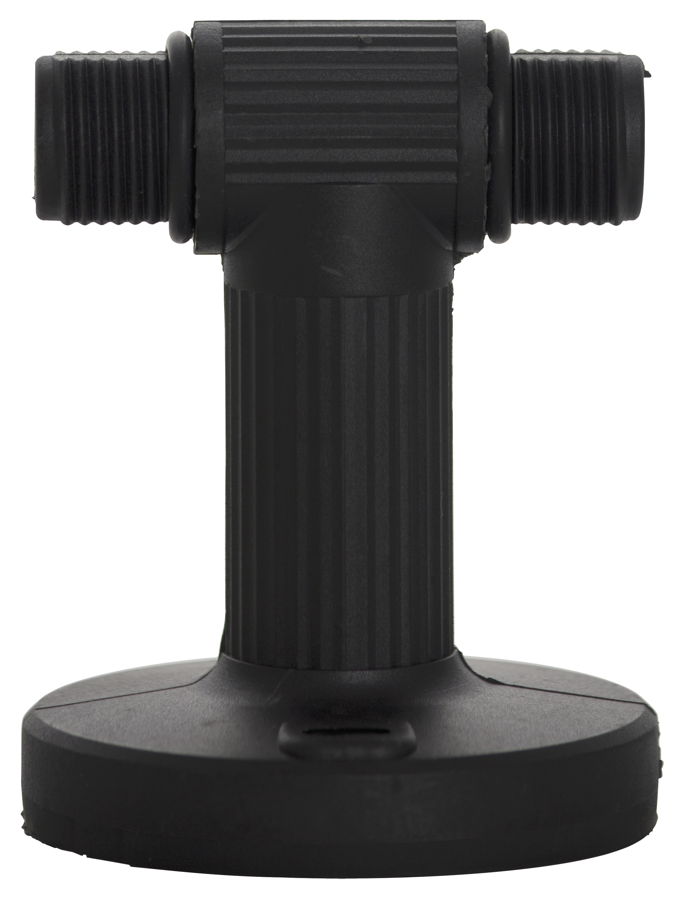 Schwarzes Verlängerungsrohr mit T-förmigen Gewindeanschlüssen auf rundem Sockel