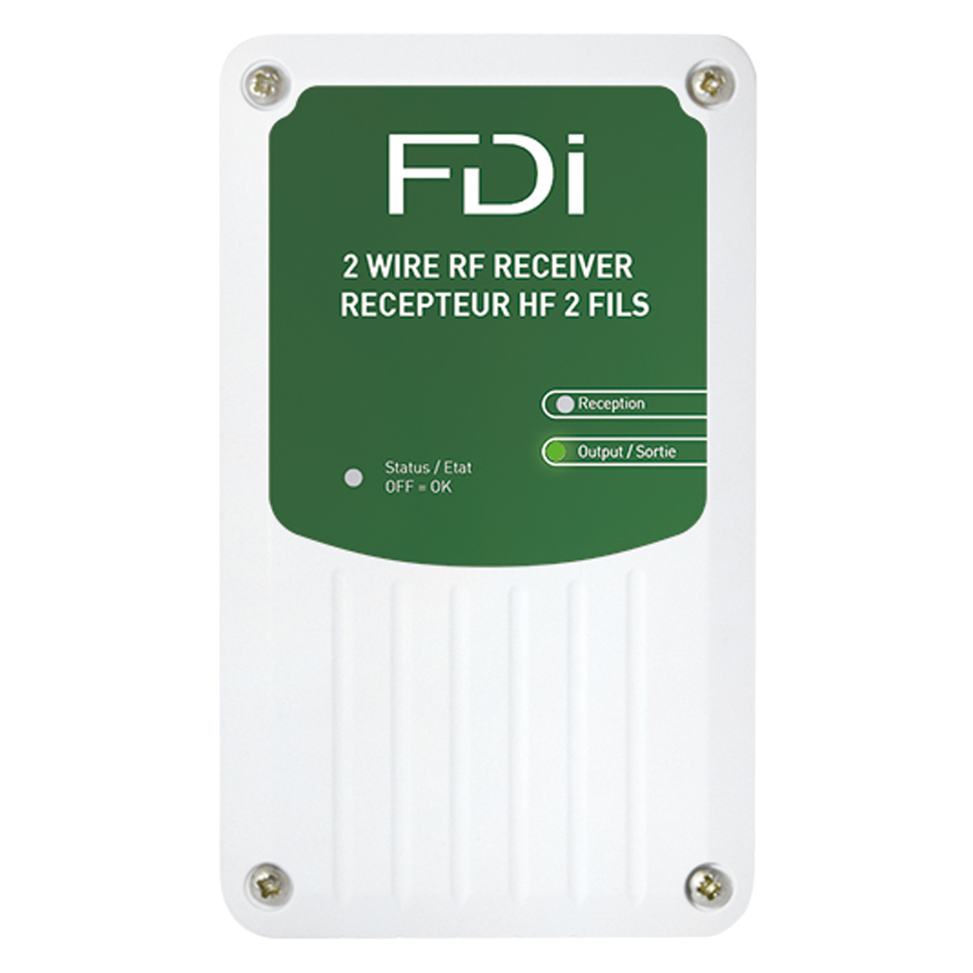 FDI 2-Draht-RF-Empfänger in Weiß mit grünem Frontfeld, Statusanzeige, LED für Empfang und Ausgang, rechteckiges Gehäuse.