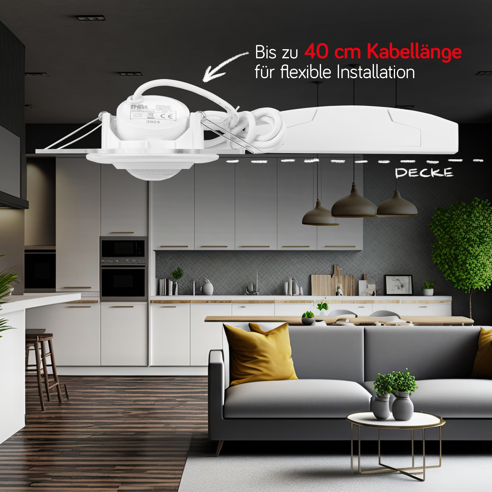 Weißer Bewegungsmelder für flachen Deckeneinbau