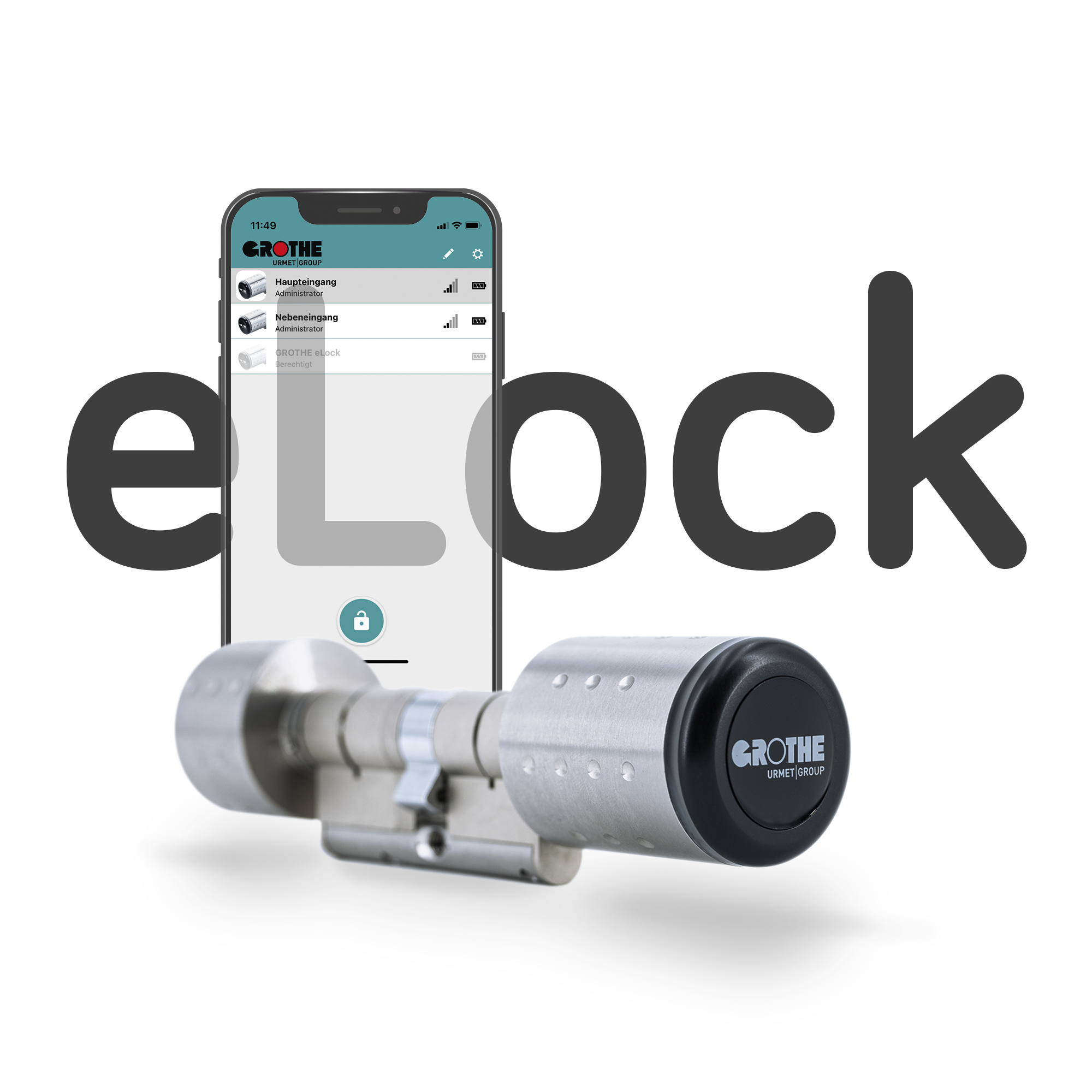 eLock-schließzylinder, Smartphone-Display mit geöffneter eLock-App; im Hintergrund steht "eLock"