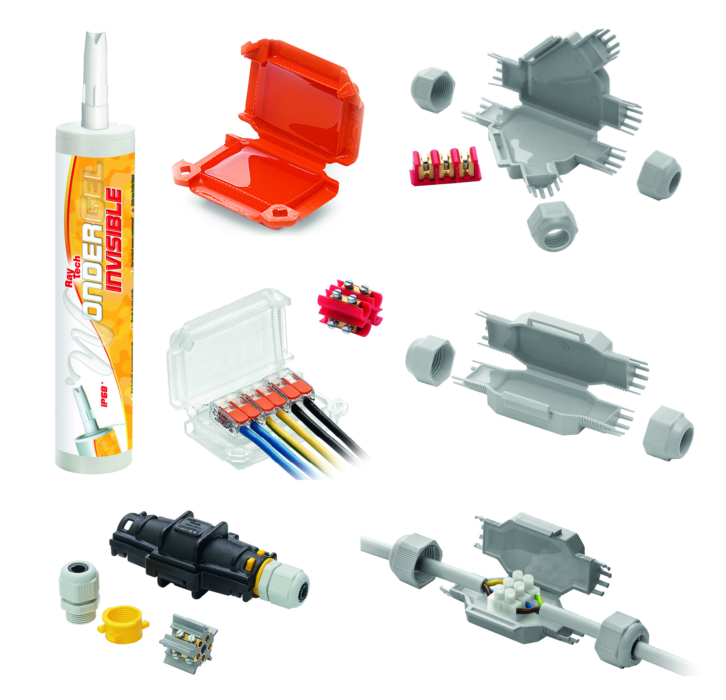 Installateurset mit Wonder Gel, Mikro-Verbindungsmuffe FRED Y, Mikro-Verbindungsmuffe DINO, Mikro-Verbindungsmuffe HAPPY JOINT 6, Mikro-Verbindungsmuffe FRED, Mikro-Verbindungsmuffe HAPPY O und Verbindungsmuffe RAPID JOINT