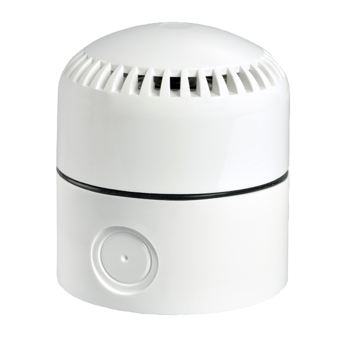 Weiße elektronische Sirene mit Öffnungsschlitzen am oberen Gehäuse und runder ausschneidbarer M20-Verschraubung vorne