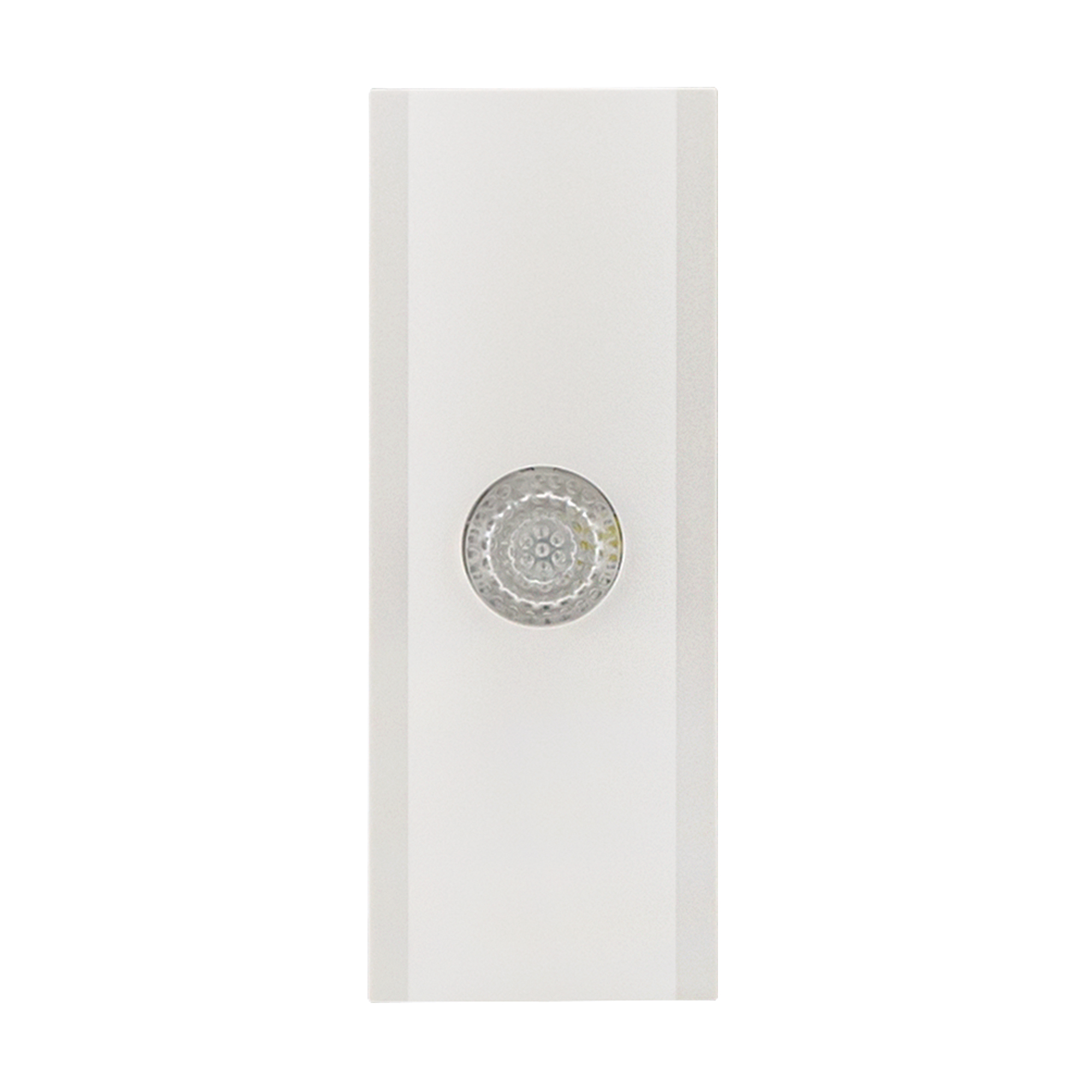 Weißer Klingeltaster mit strukturiertem LED-Druckknopf in der Mitte, rechteckiges Gehäuse, Frontalansicht.