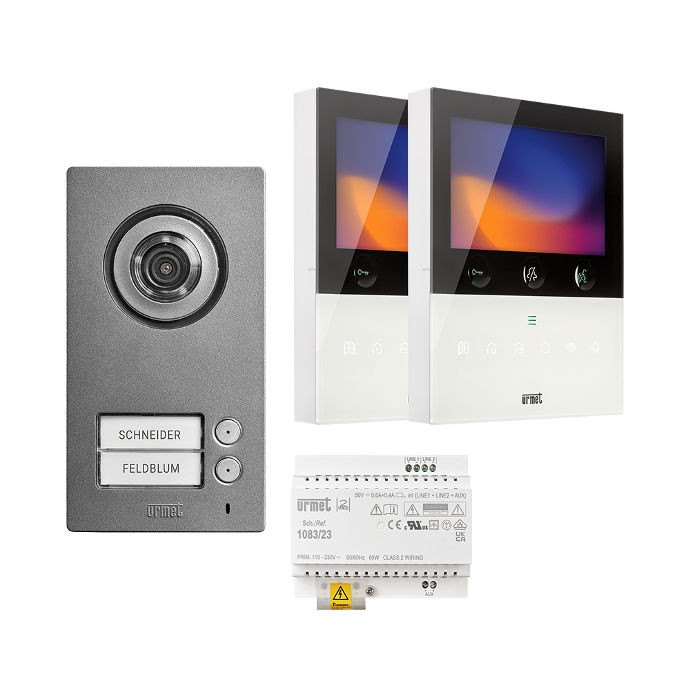 Set mit MIKRA-Türstation, zwei VOG 5W Videomonitoren und einem Netzteil