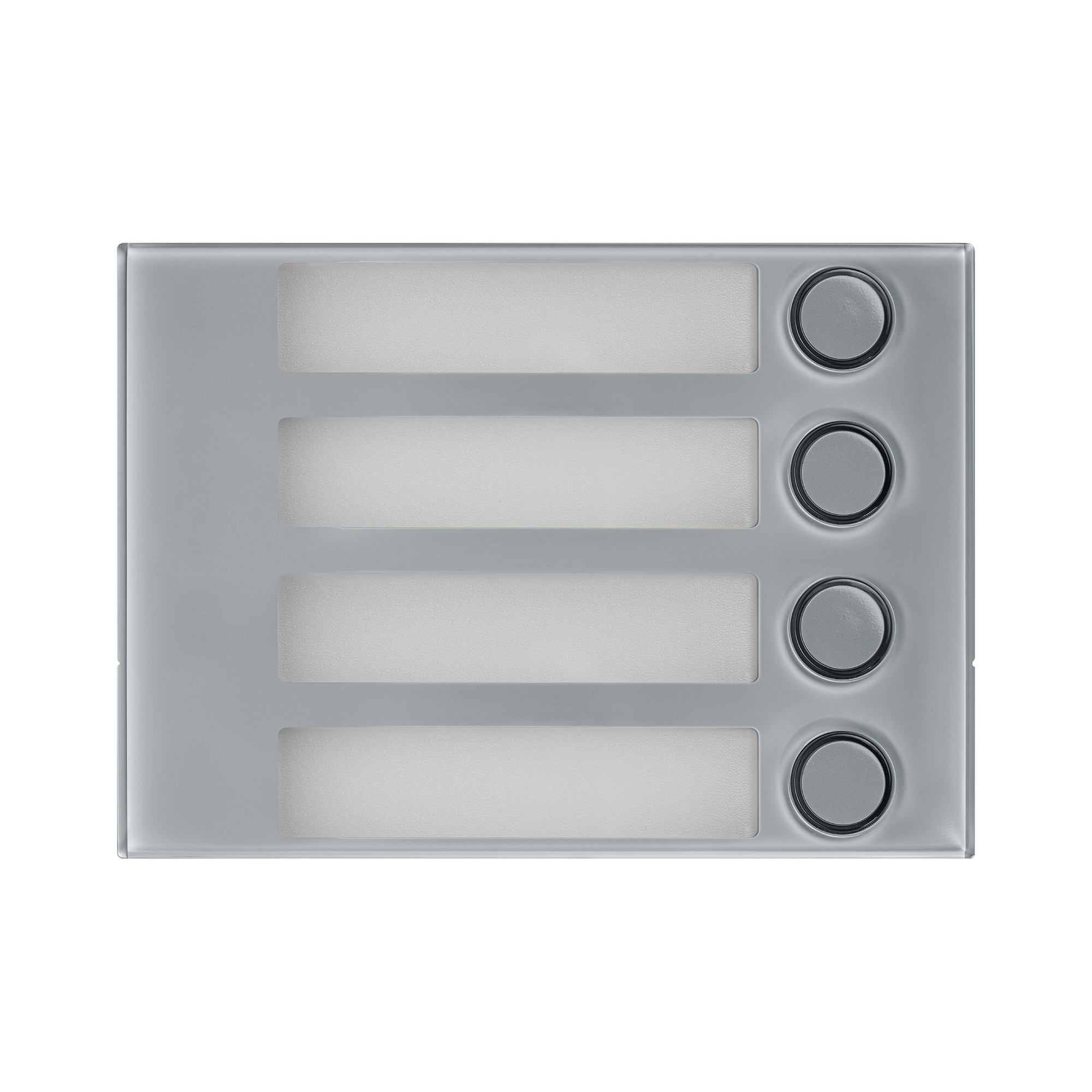 Graues Türstationsmodul mit vier rechteckigen Namensschildern und rundem Klingeltastern rechts oben für klare Bedienung.