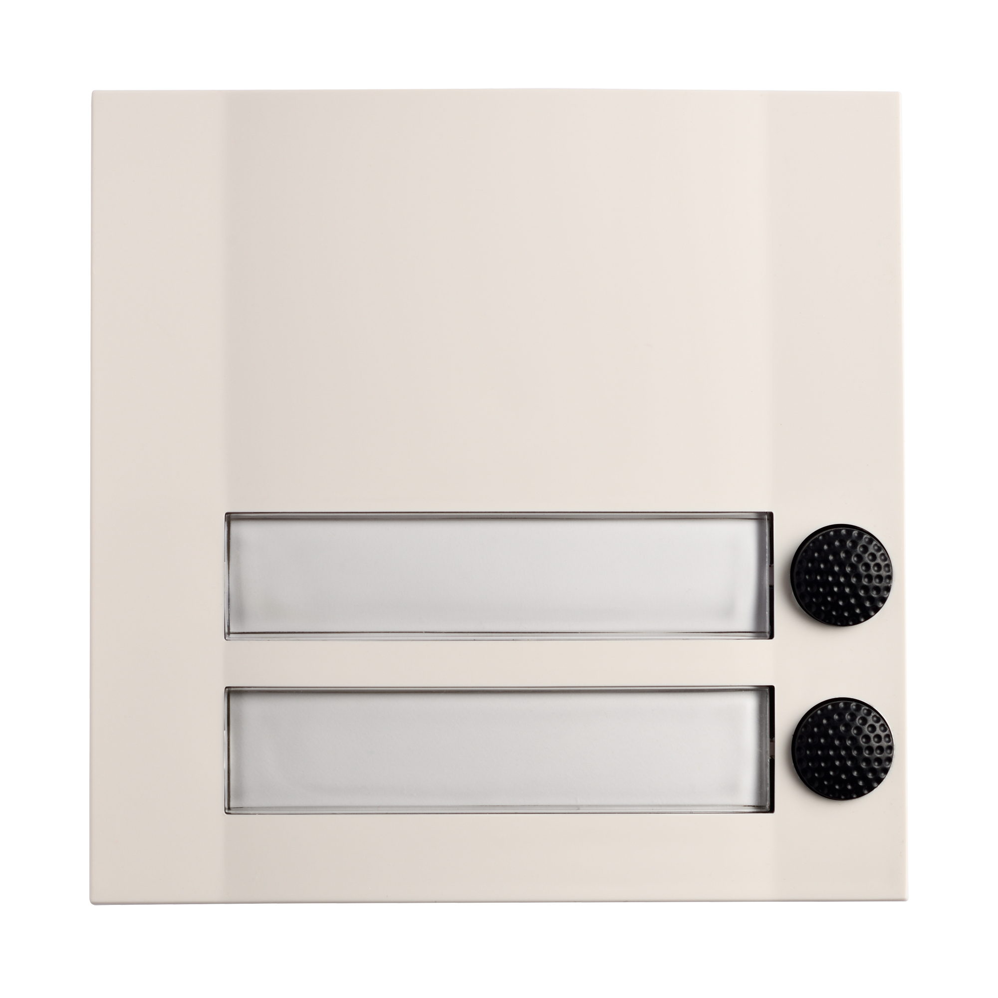 Klingelplatte in Reinweiß mit zwei beleuchtbaren Namensfeldern und zwei schwarzen, strukturierten Klingeltastern rechts.