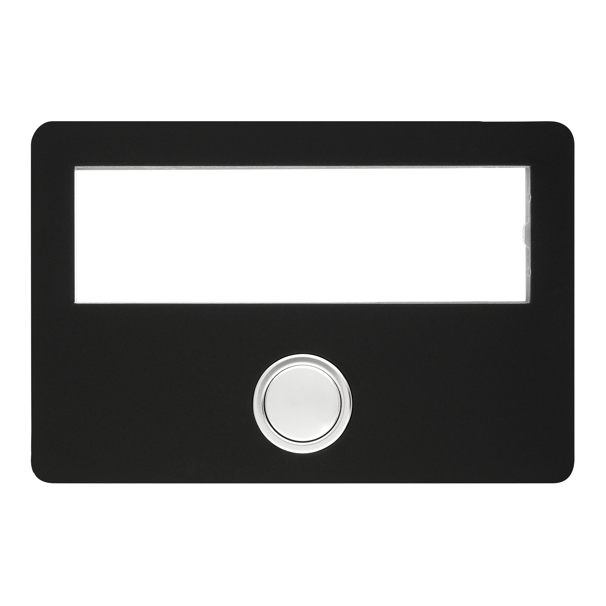 Etagenplatte aus Kunststoff in Schwarz mit großem Namensschild und rundem Klingeltaster unten.