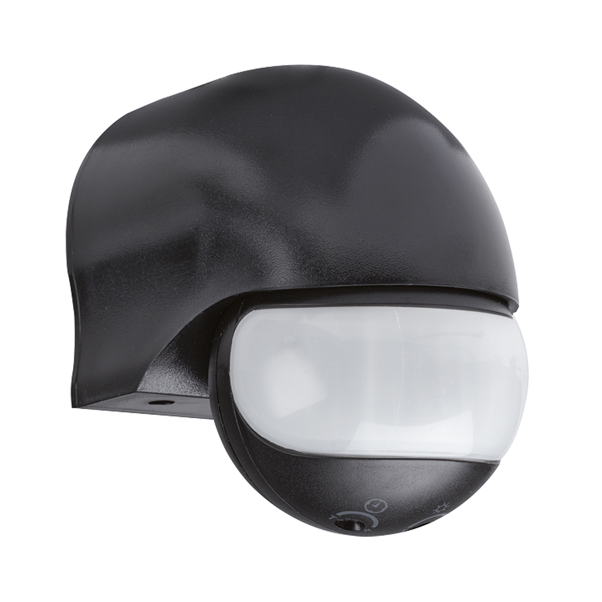 Schwarzer, rundlich geformter Bewegungsmelder für Wandmontage