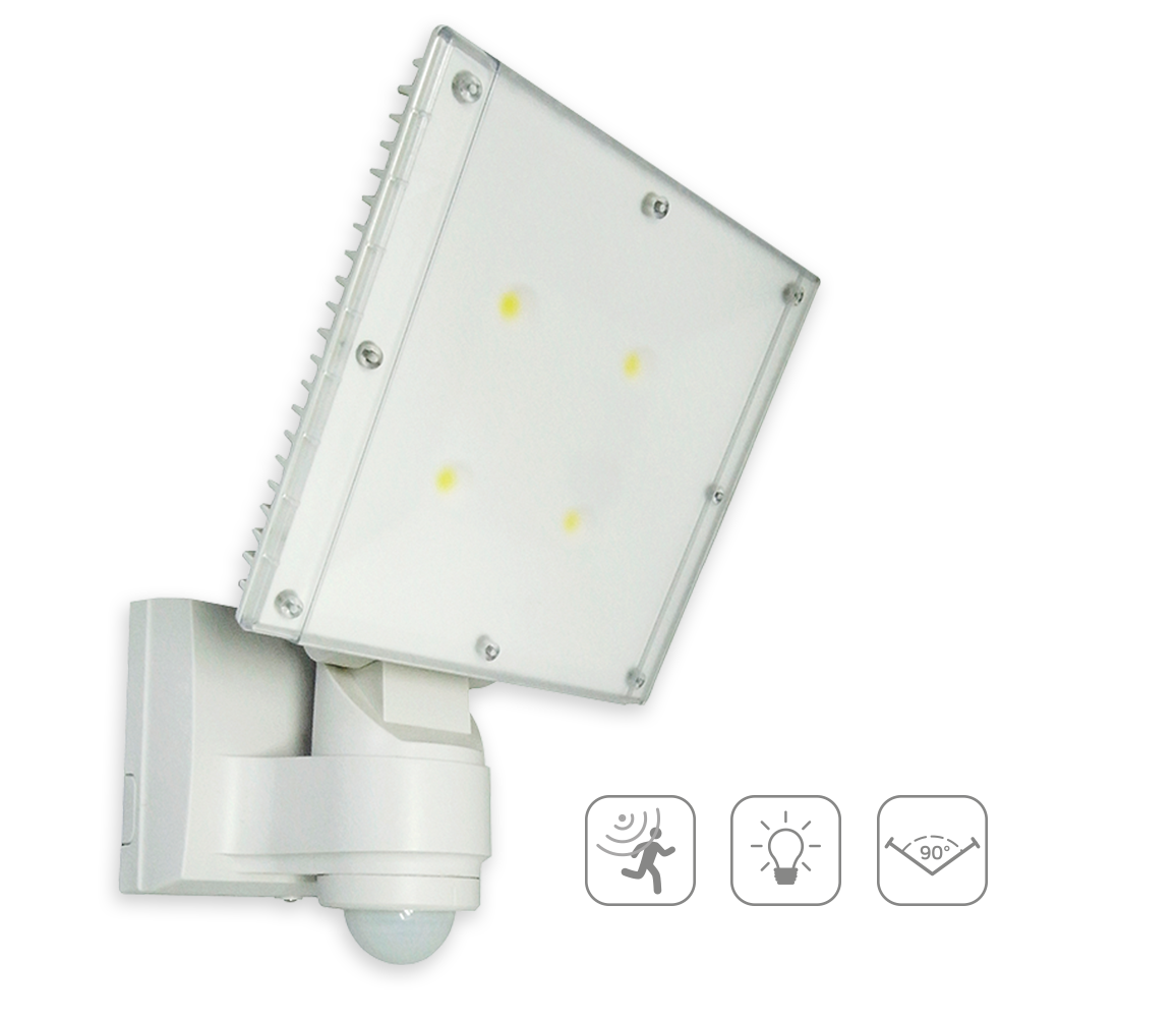 LED-Flutlichtstrahler von der Seite, darunter Icons für Bewegungsmelder, Licht und 90° Erfassungswinkel